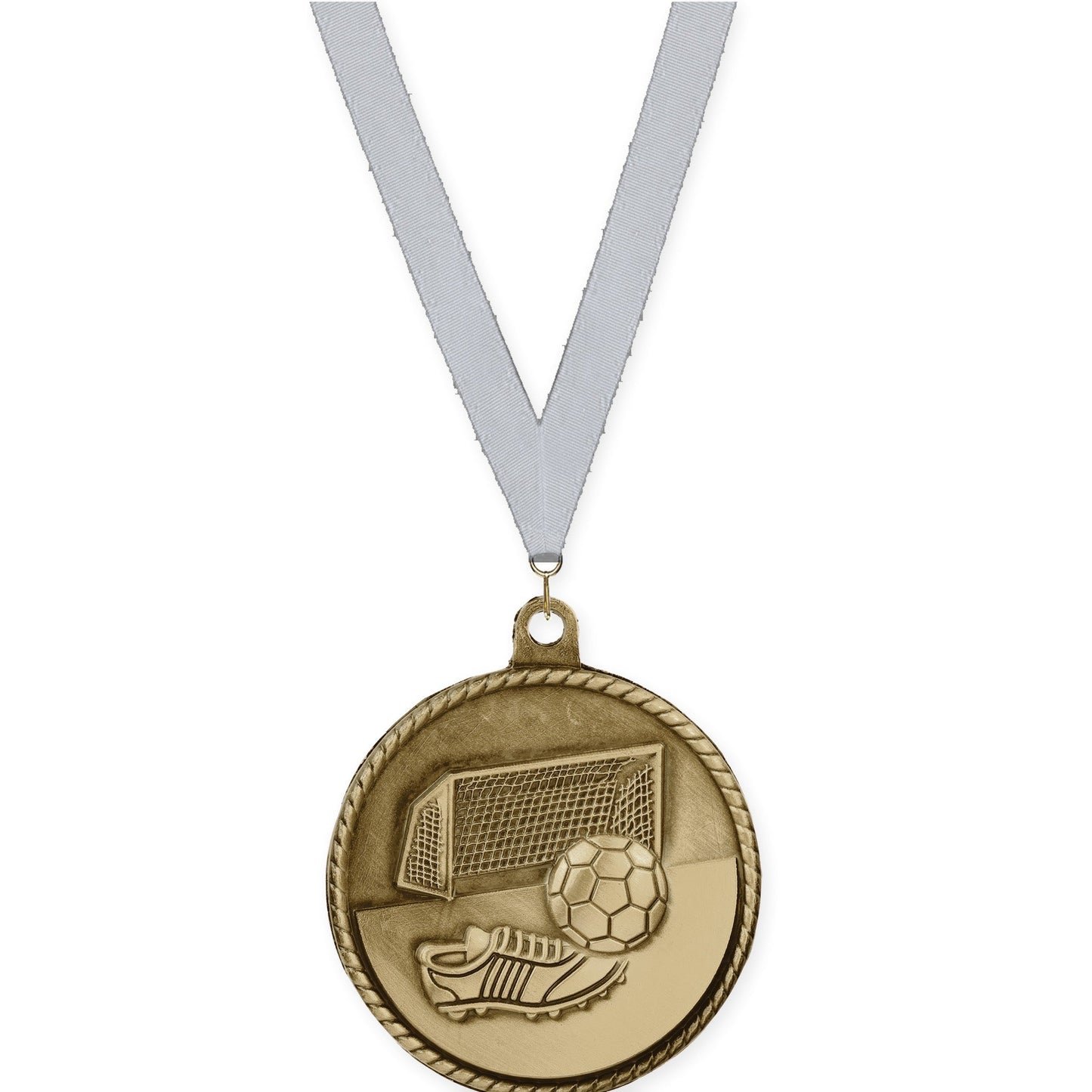 2 inch soccer High Relief medal in antique gold with Silver Metallic neck ribbon