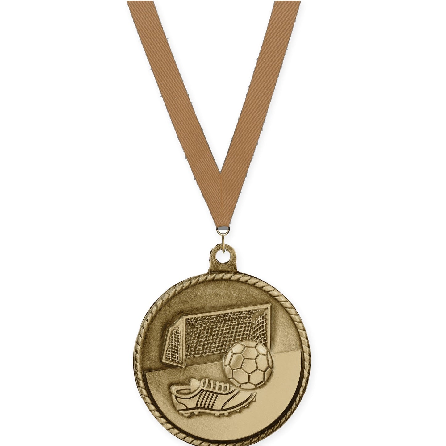 2 inch soccer High Relief medal in antique gold with Bronze Metallic neck ribbon