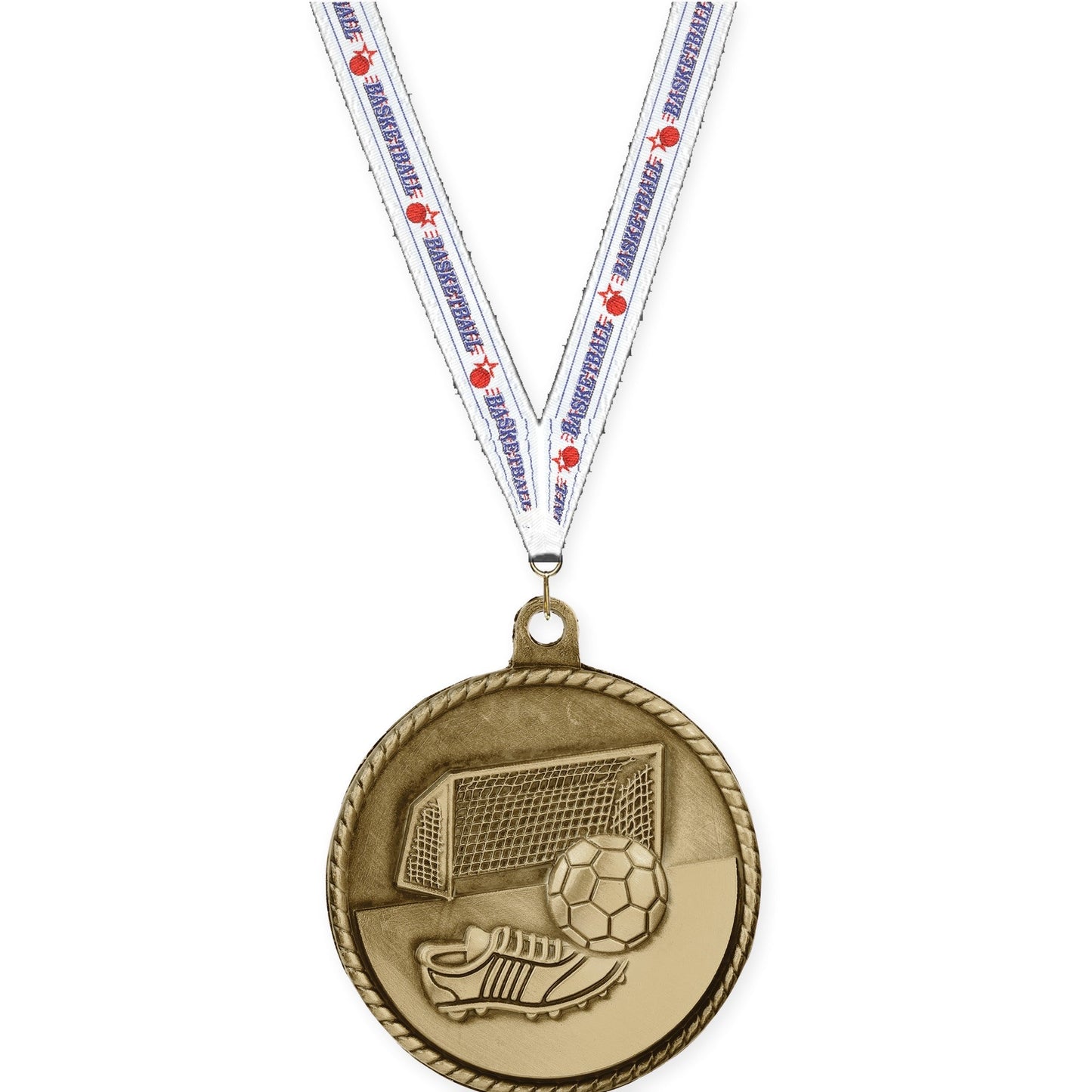 2 inch soccer High Relief medal in antique gold with Basketball neck ribbon