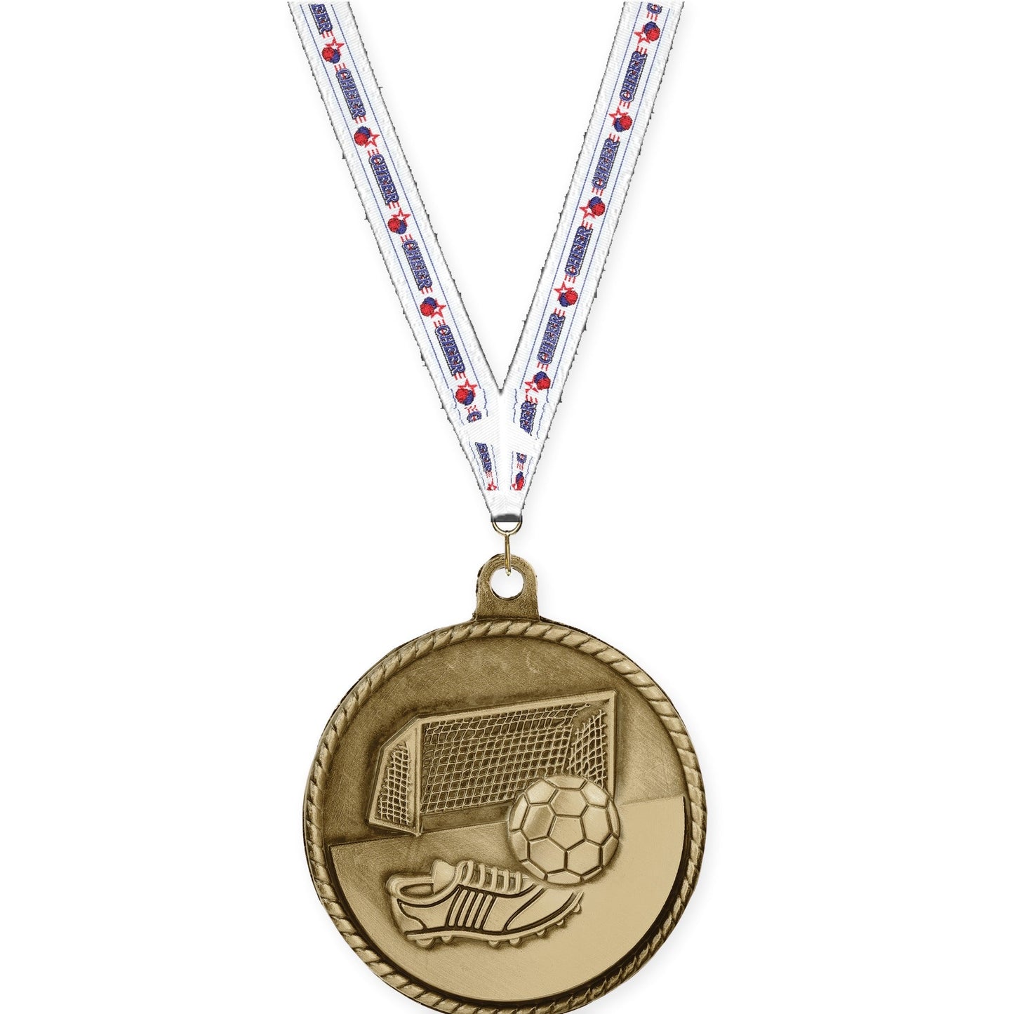 2 inch soccer High Relief medal in antique gold with Cheerleading neck ribbon