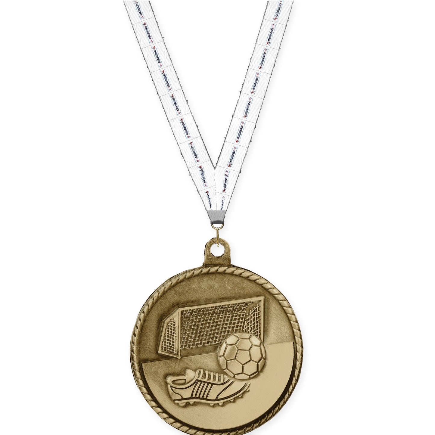 2 inch soccer High Relief medal in antique gold with Gymnastics neck ribbon
