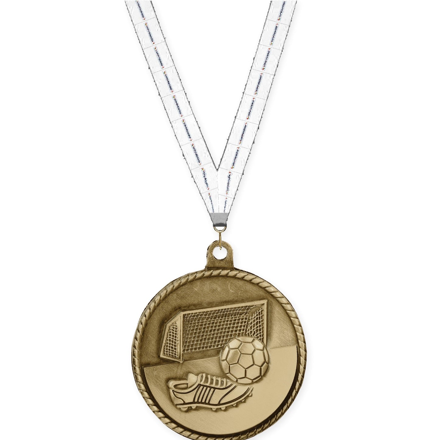 2 inch soccer High Relief medal in antique gold with Lamp Of Knowledge neck ribbon