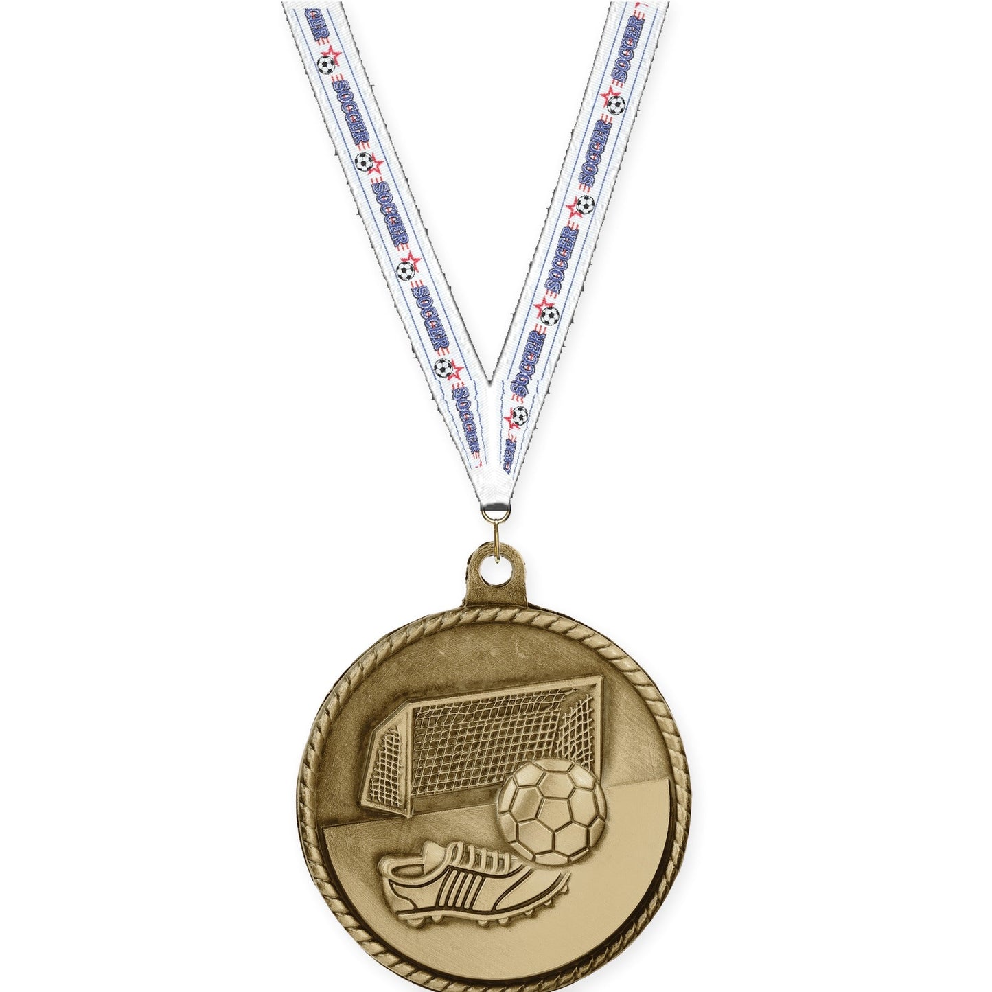 2 inch soccer High Relief medal in antique gold with Soccer neck ribbon