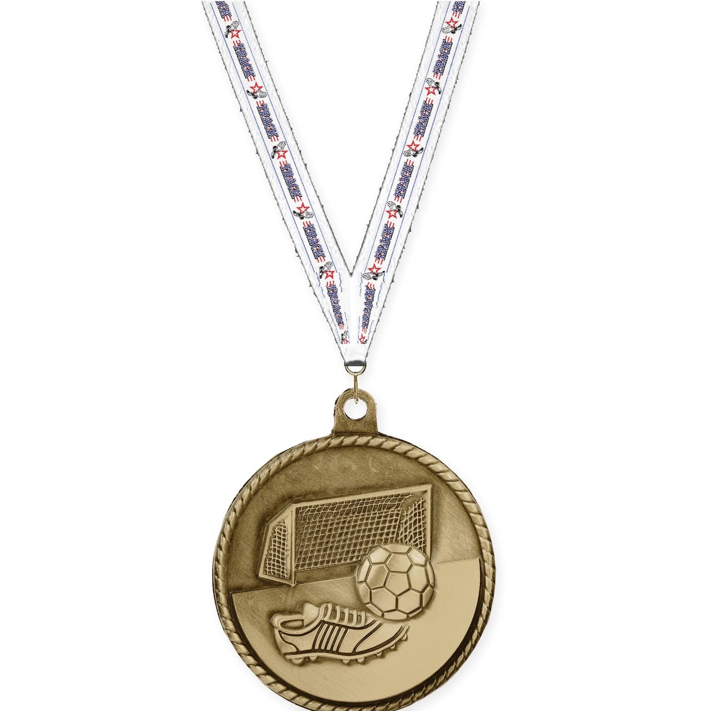2 inch soccer High Relief medal in antique gold with Track neck ribbon