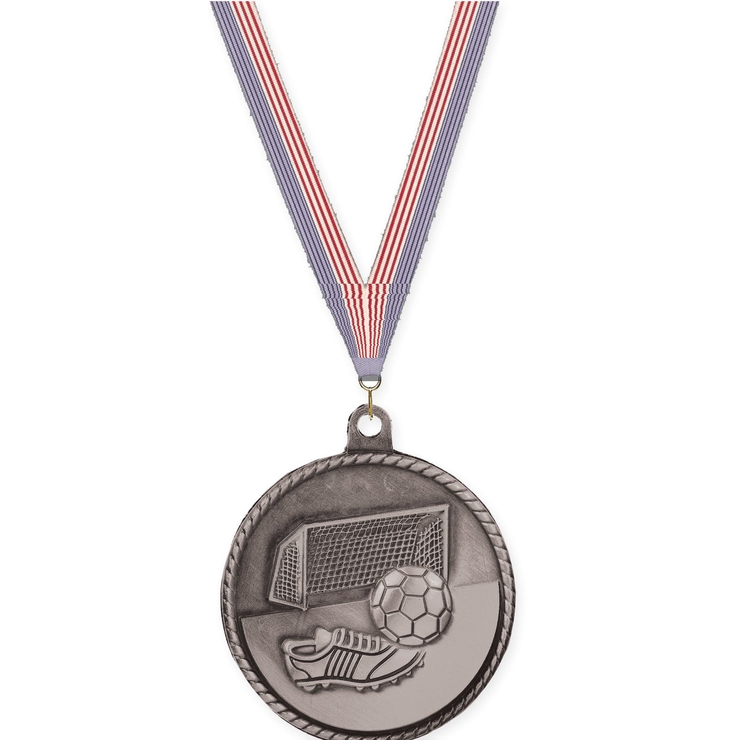 2 inch soccer High Relief medal in antique silver with USA Flag neck ribbon