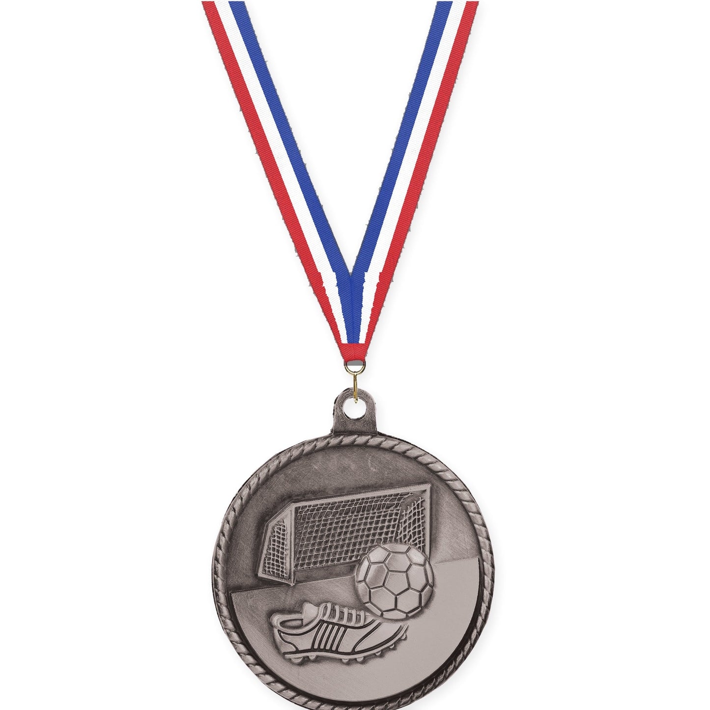 2 inch soccer High Relief medal in antique silver with Red White Blue neck ribbon
