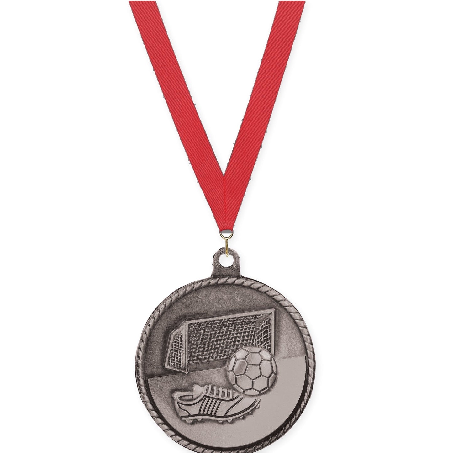 2 inch soccer High Relief medal in antique silver with Red neck ribbon