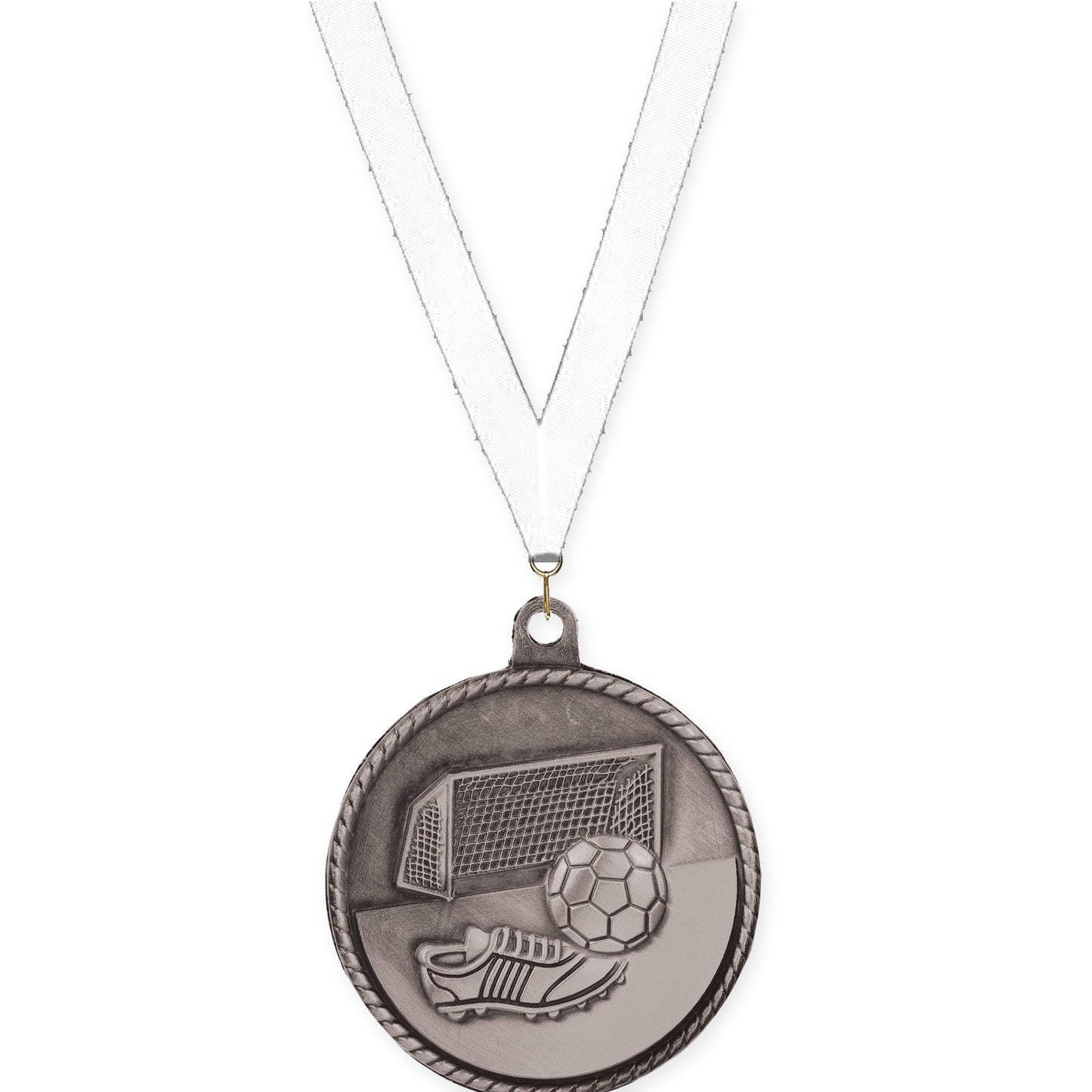 2 inch soccer High Relief medal in antique silver with White neck ribbon