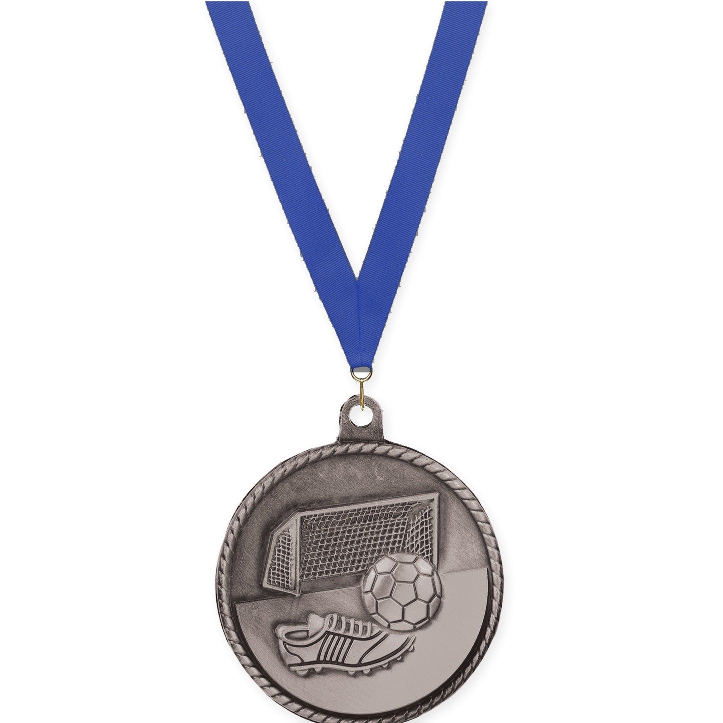 2 inch soccer High Relief medal in antique silver with Blue neck ribbon