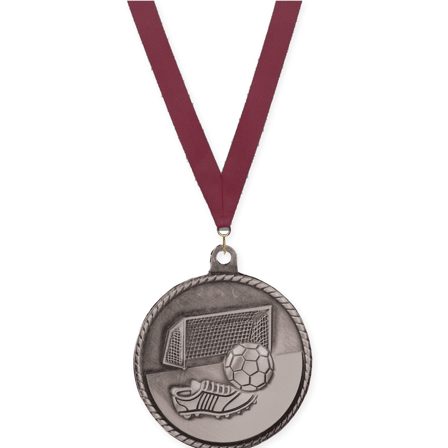 2 inch soccer High Relief medal in antique silver with Maroon neck ribbon