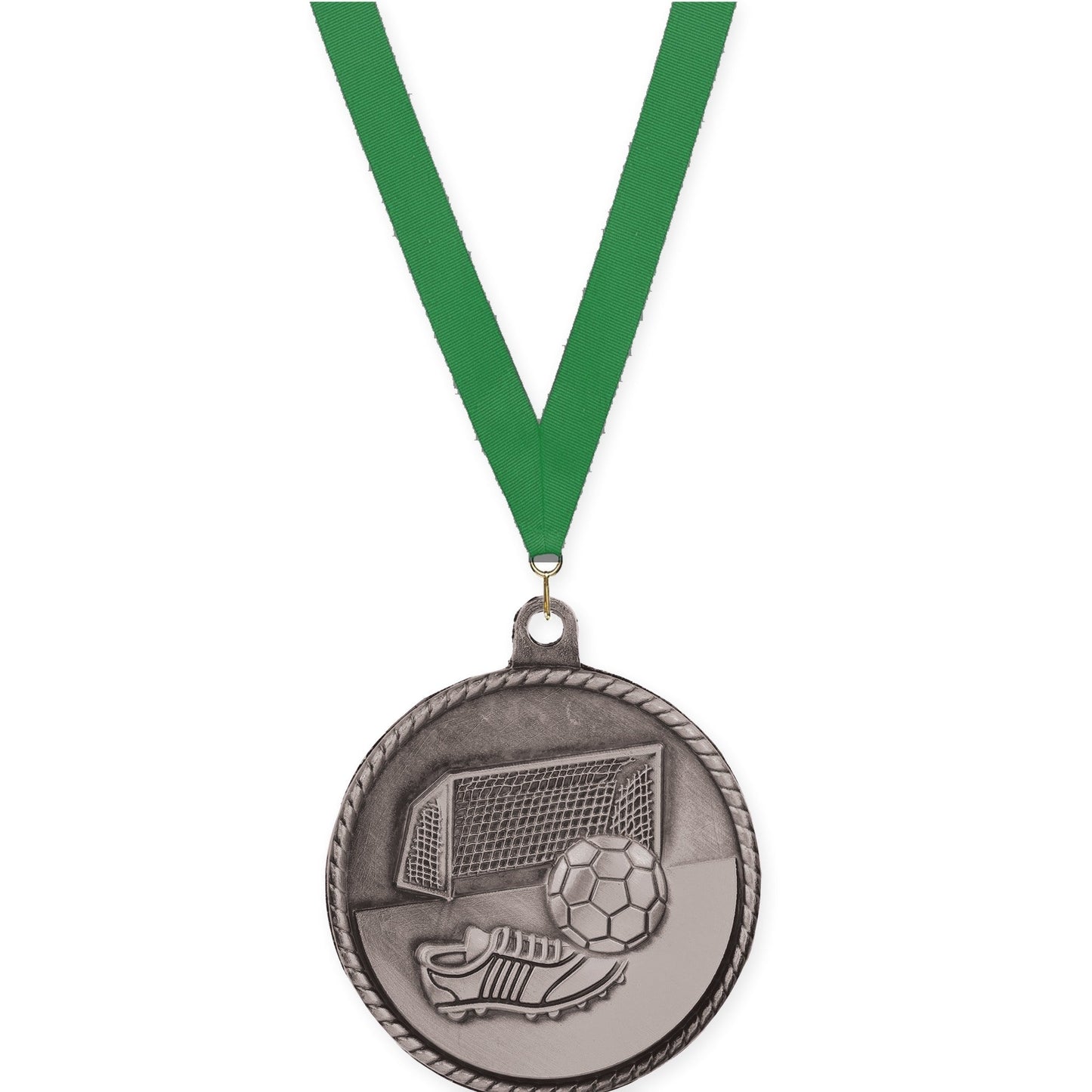 2 inch soccer High Relief medal in antique silver with Green neck ribbon