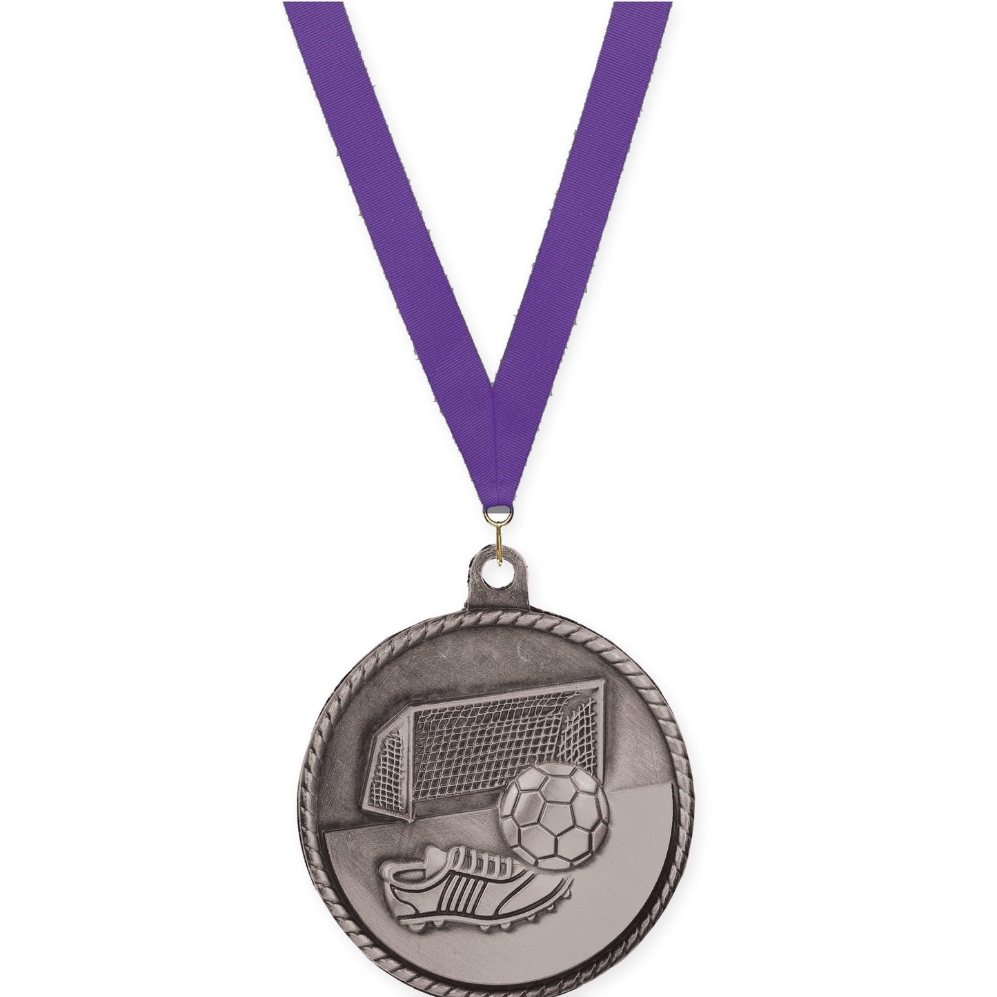 2 inch soccer High Relief medal in antique silver with Purple neck ribbon