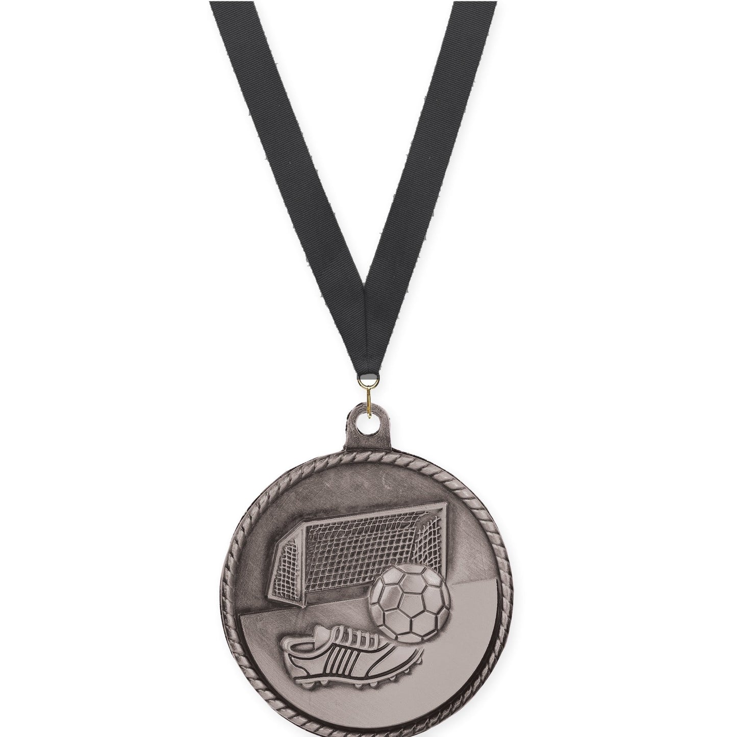 2 inch soccer High Relief medal in antique silver with Black neck ribbon