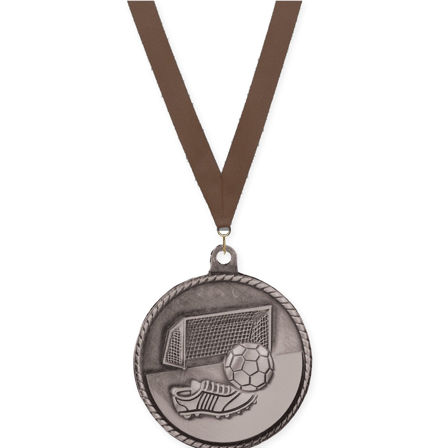 2 inch soccer High Relief medal in antique silver with Brown neck ribbon