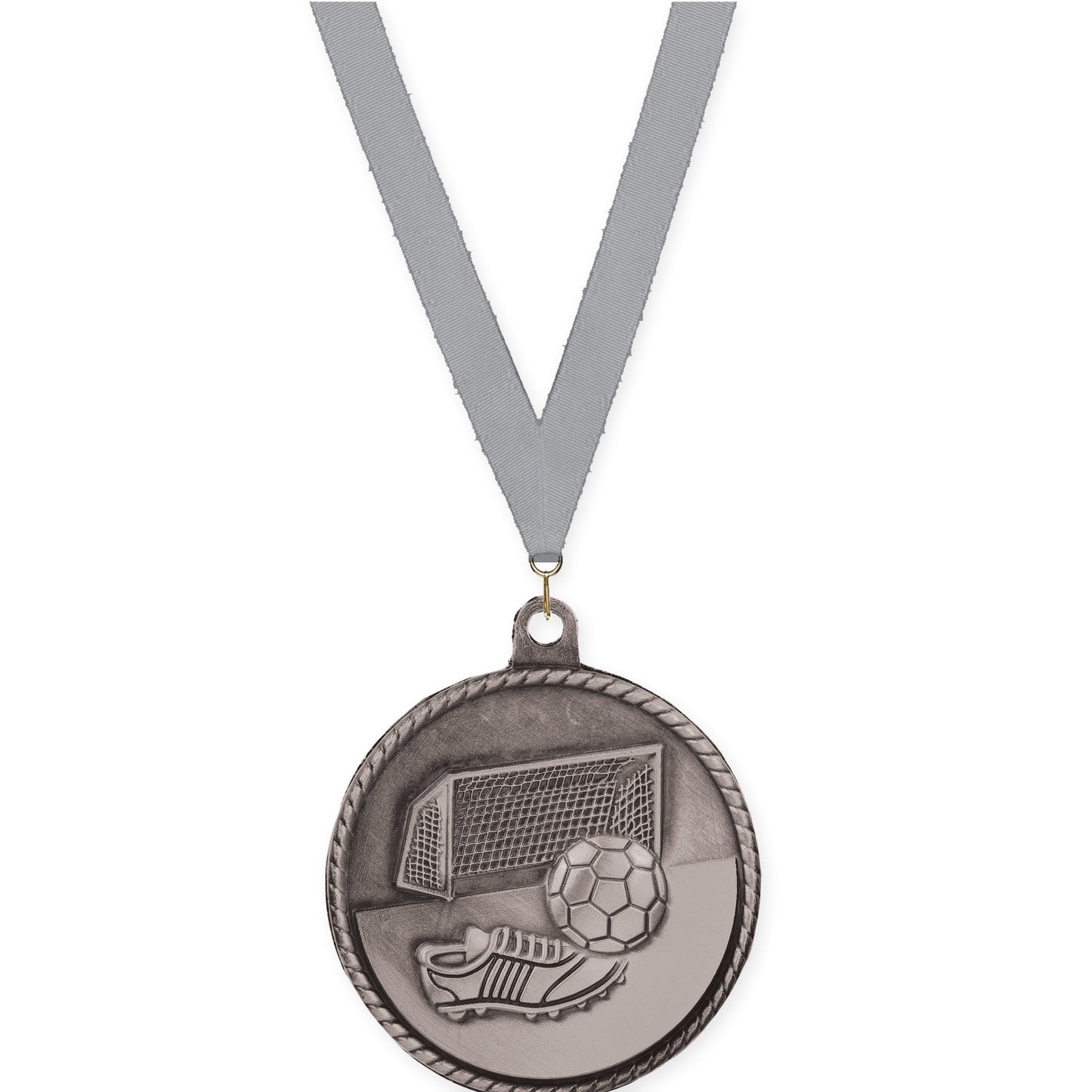 2 inch soccer High Relief medal in antique silver with Gray neck ribbon