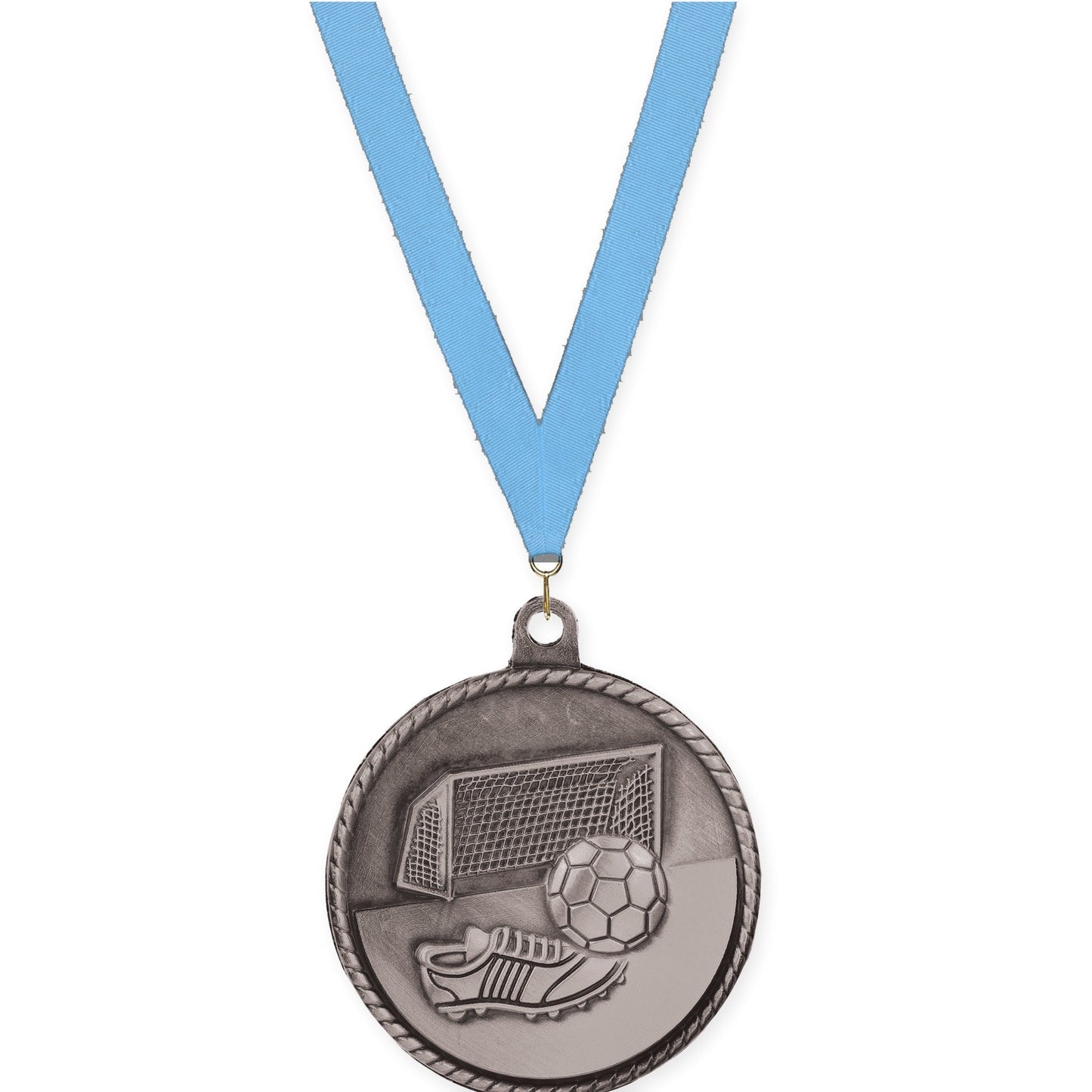 2 inch soccer High Relief medal in antique silver with Light Blue neck ribbon