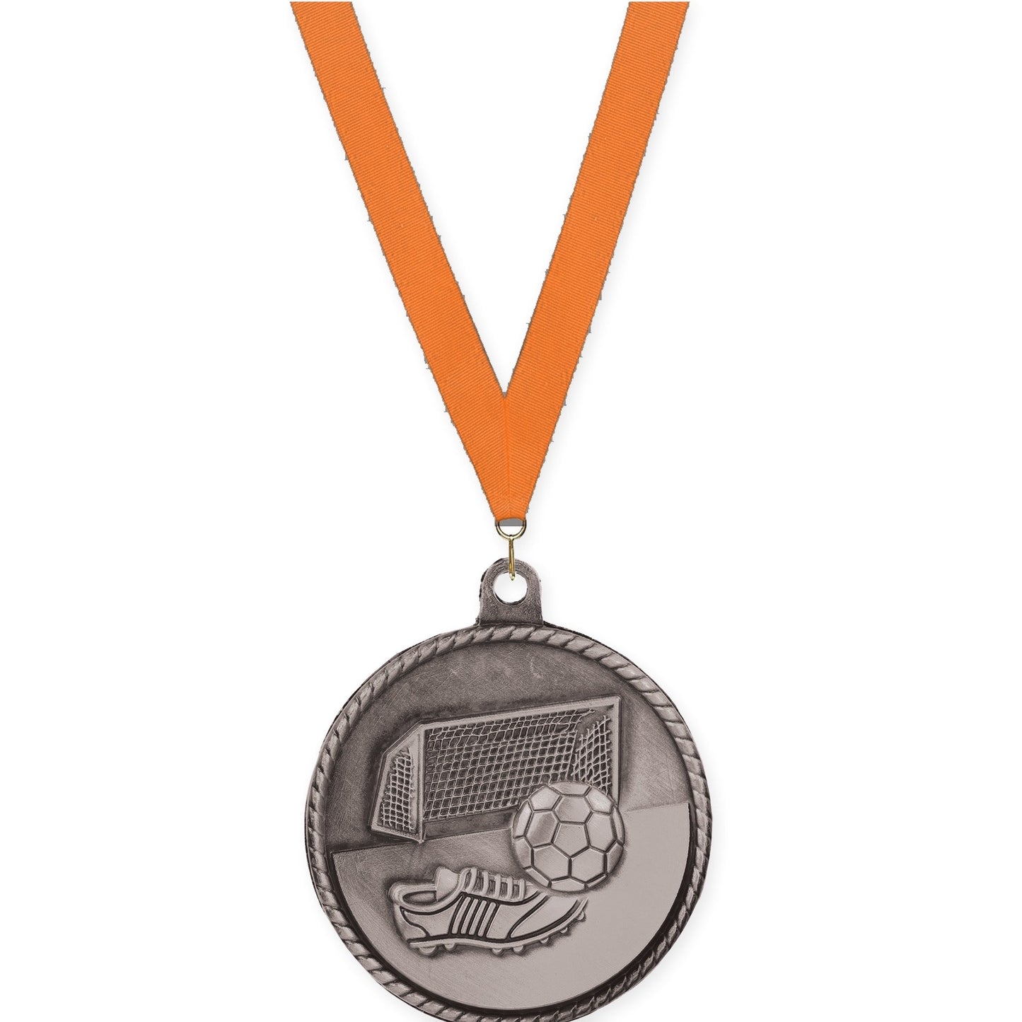 2 inch soccer High Relief medal in antique silver with Orange neck ribbon