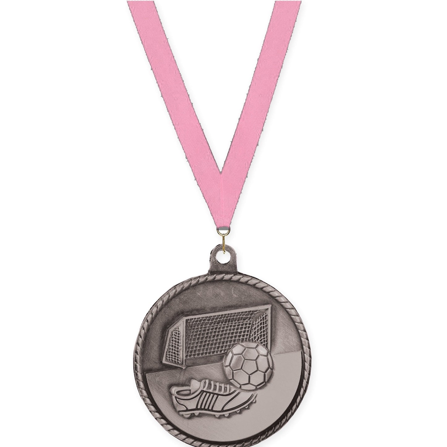 2 inch soccer High Relief medal in antique silver with Pink neck ribbon