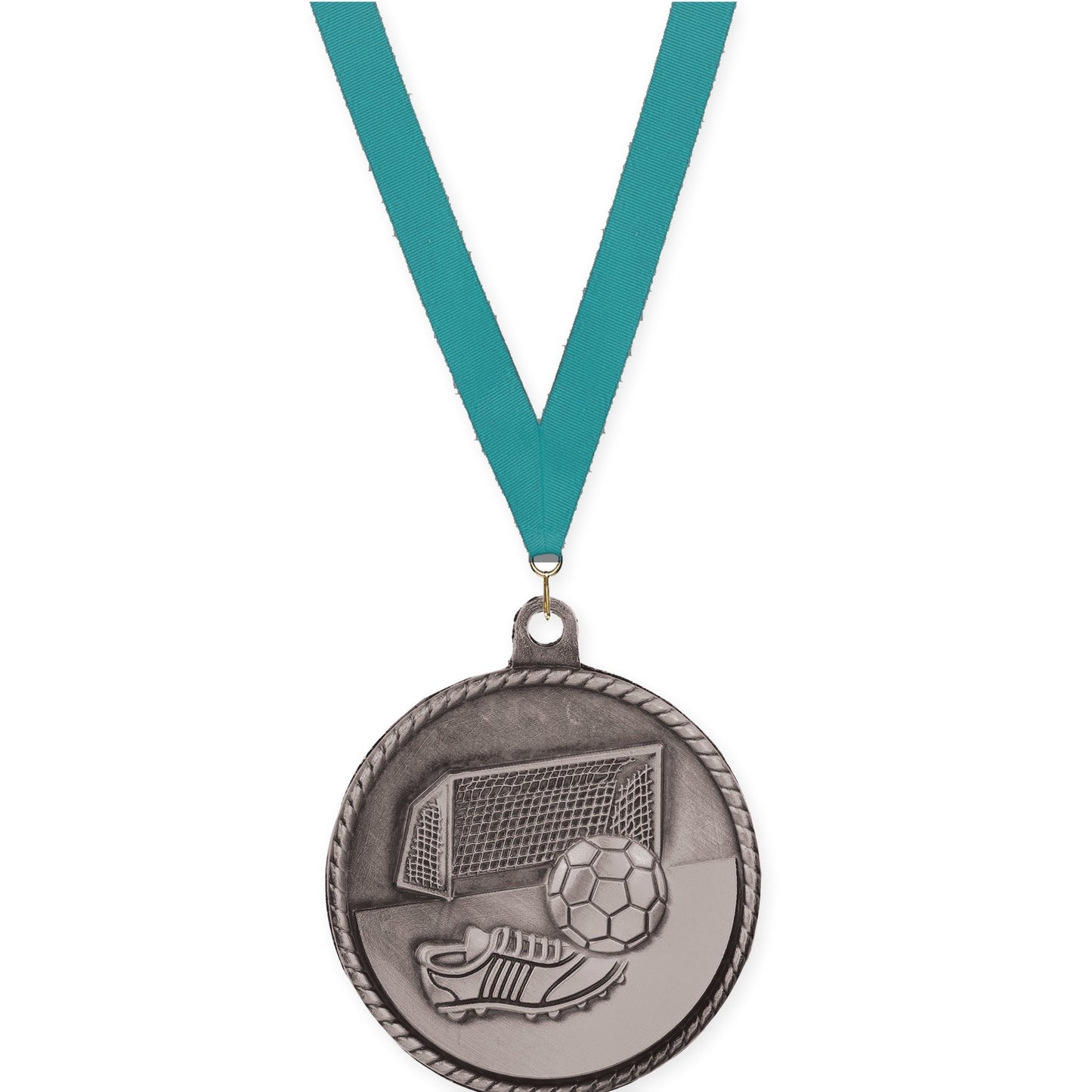 2 inch soccer High Relief medal in antique silver with Teal neck ribbon