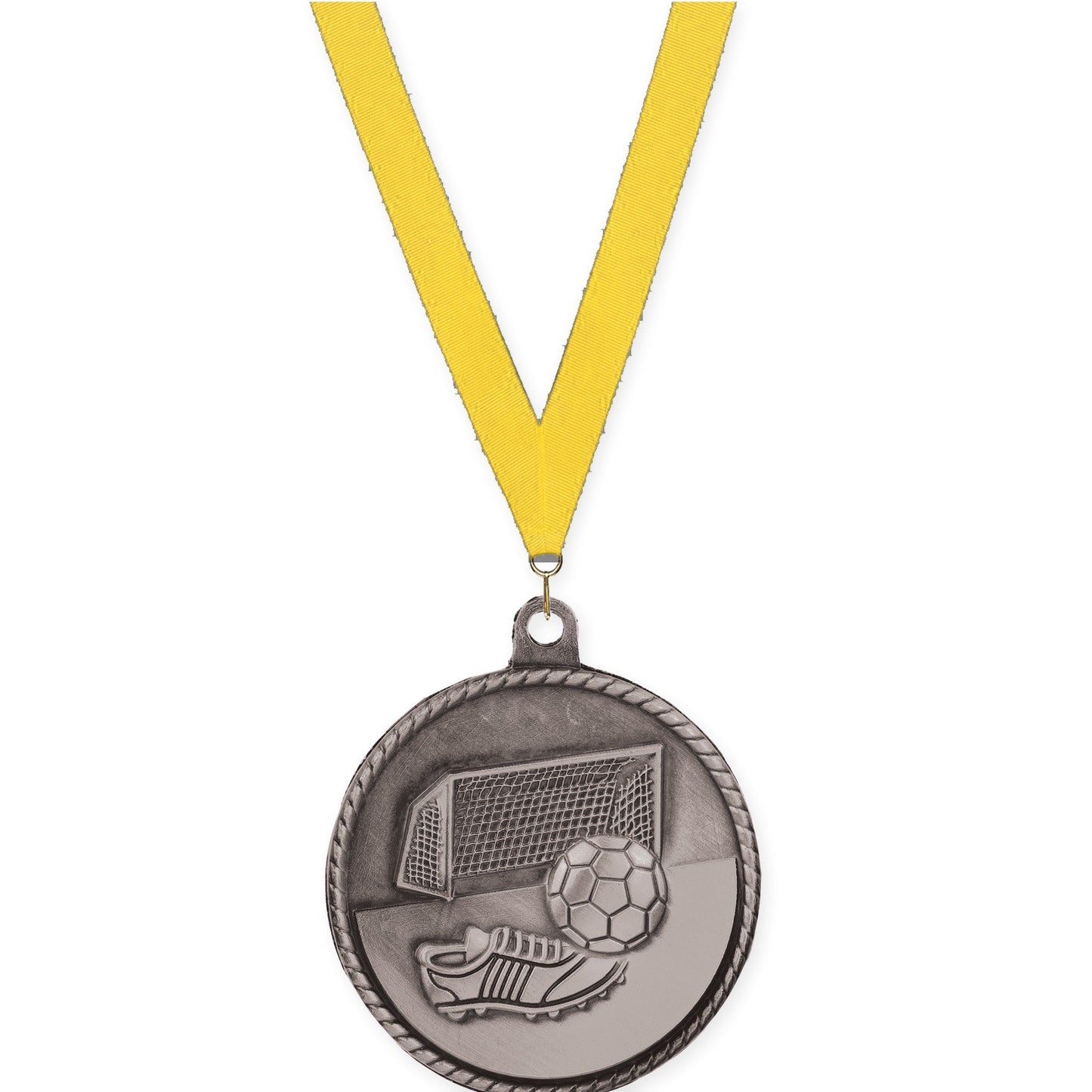 2 inch soccer High Relief medal in antique silver with Yellow neck ribbon