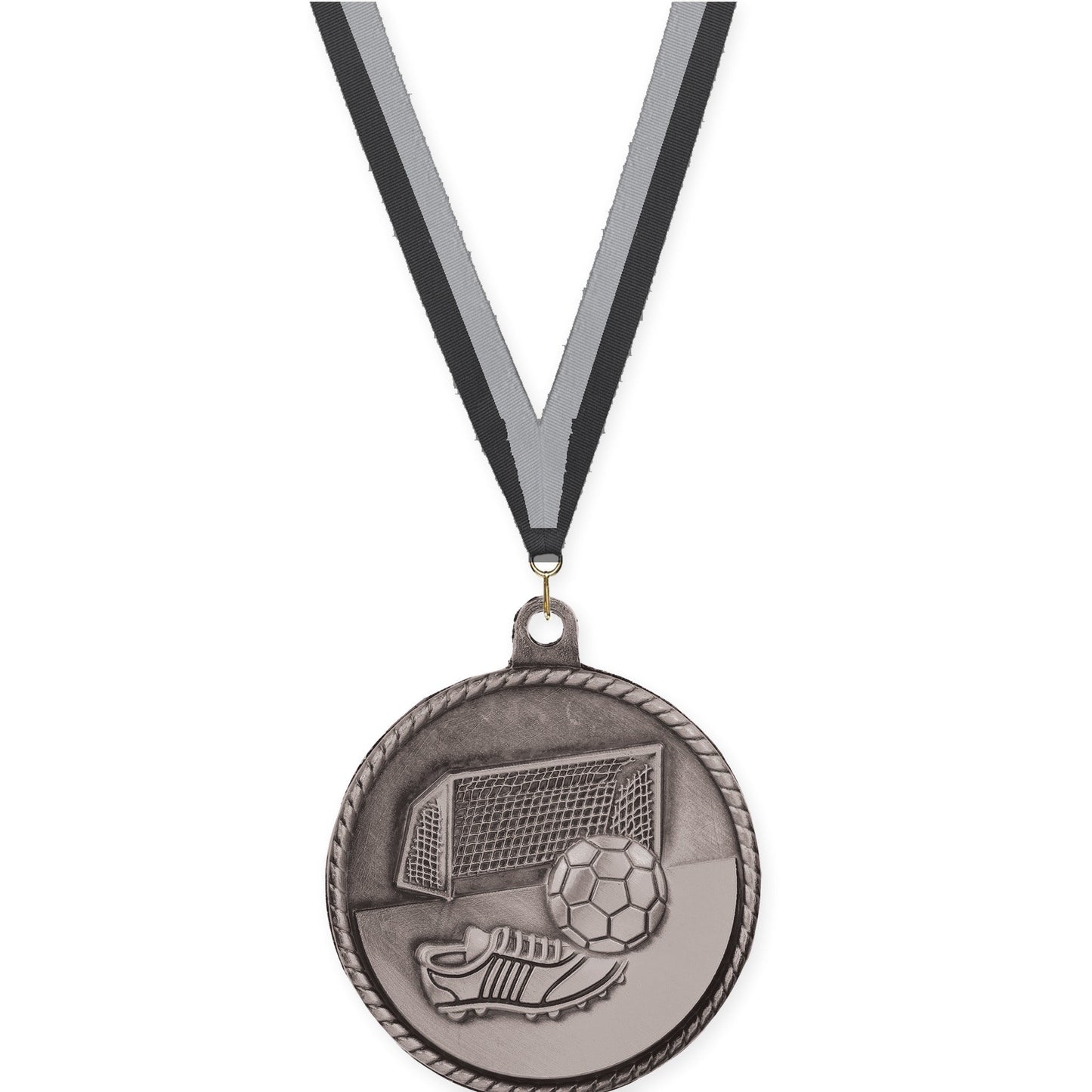 2 inch soccer High Relief medal in antique silver with Black Gray neck ribbon