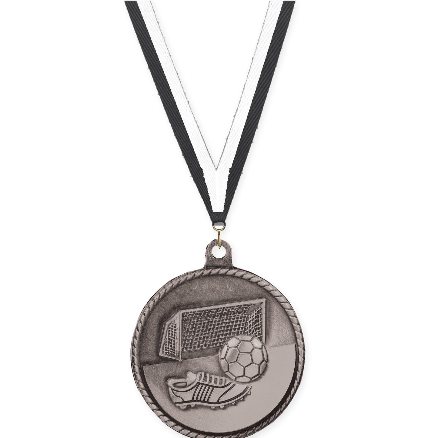 2 inch soccer High Relief medal in antique silver with Black White neck ribbon
