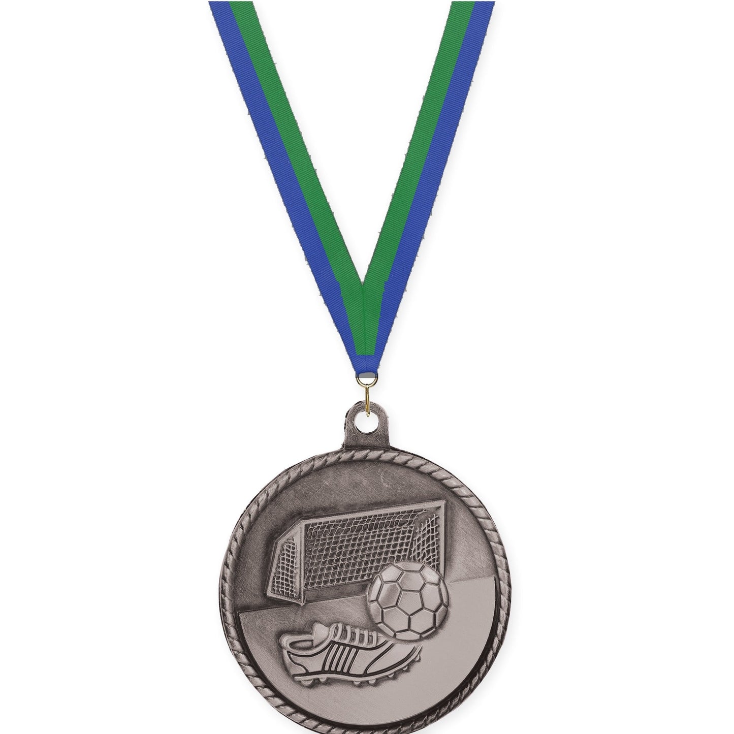 2 inch soccer High Relief medal in antique silver with Blue Green neck ribbon