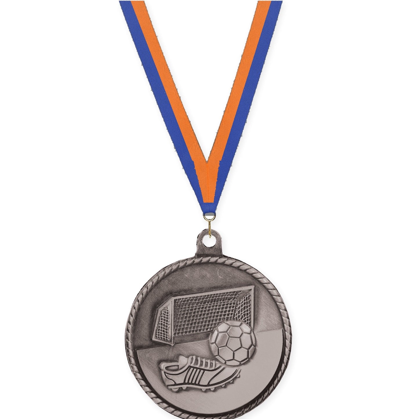 2 inch soccer High Relief medal in antique silver with Blue Orange neck ribbon