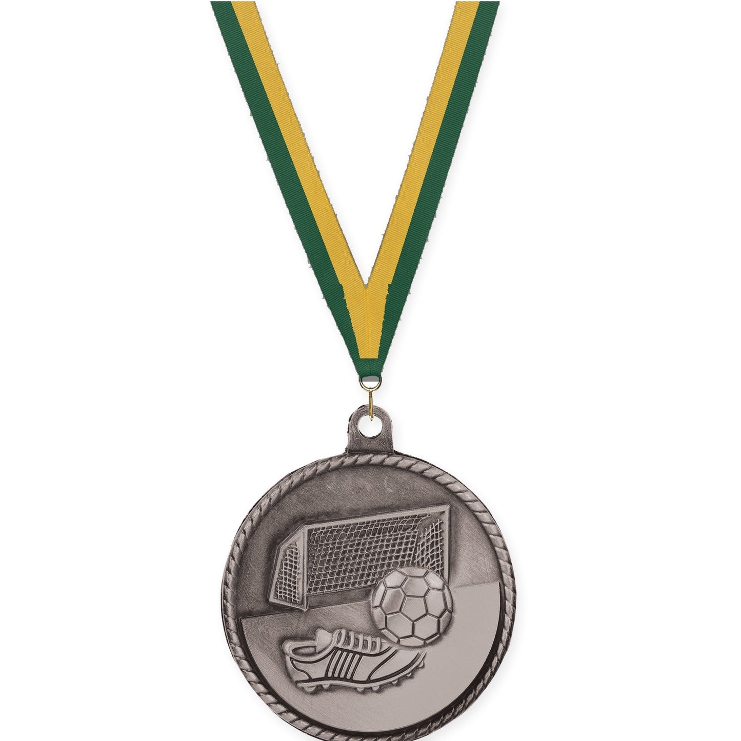 2 inch soccer High Relief medal in antique silver with Hunter Green Gold neck ribbon