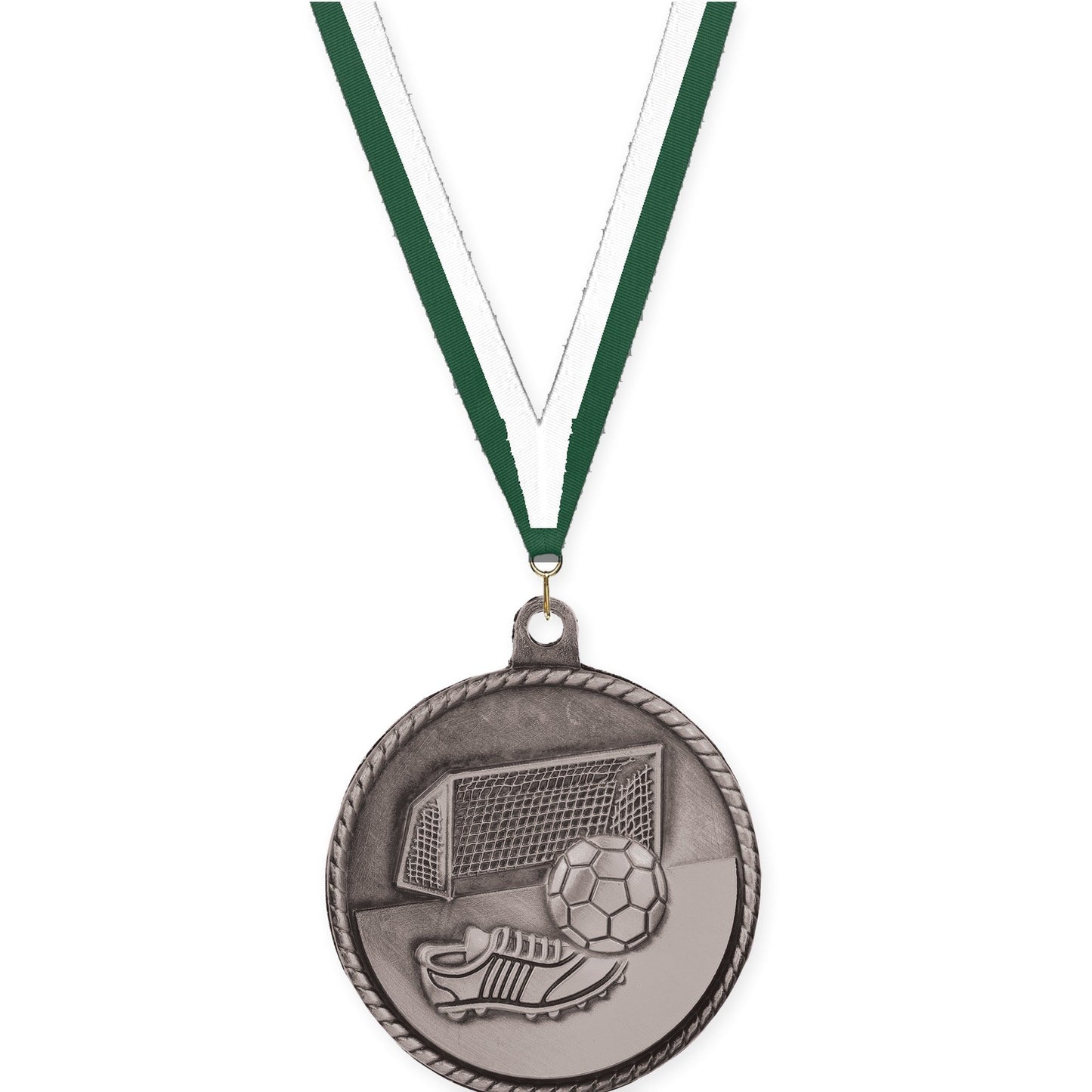 2 inch soccer High Relief medal in antique silver with Hunter Green White neck ribbon