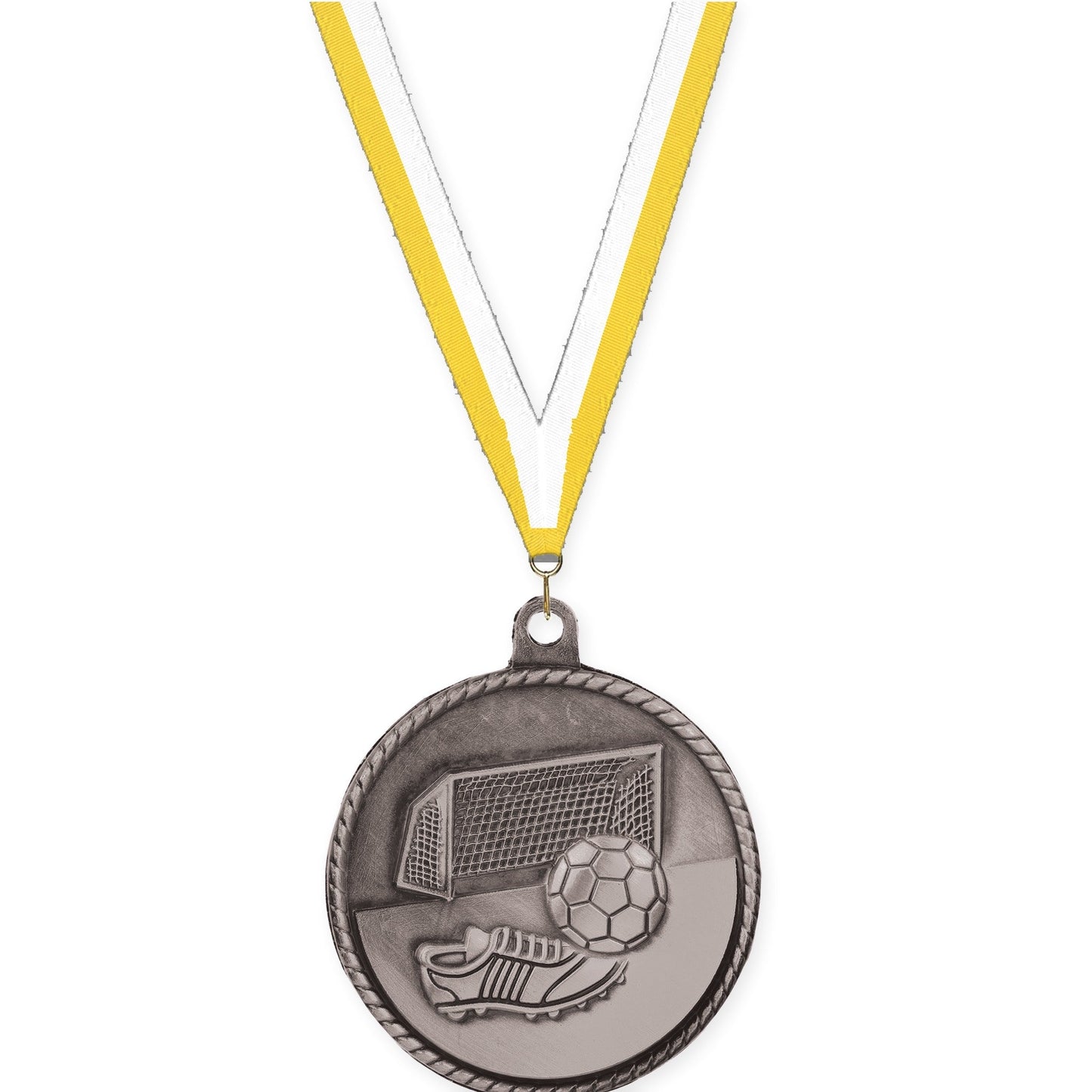 2 inch soccer High Relief medal in antique silver with Yellow White neck ribbon