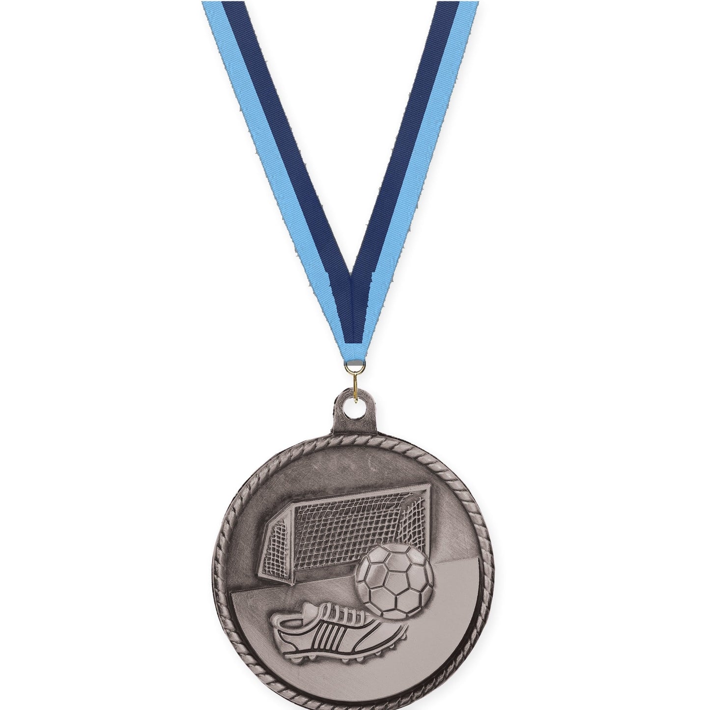 2 inch soccer High Relief medal in antique silver with Light Blue Navy neck ribbon