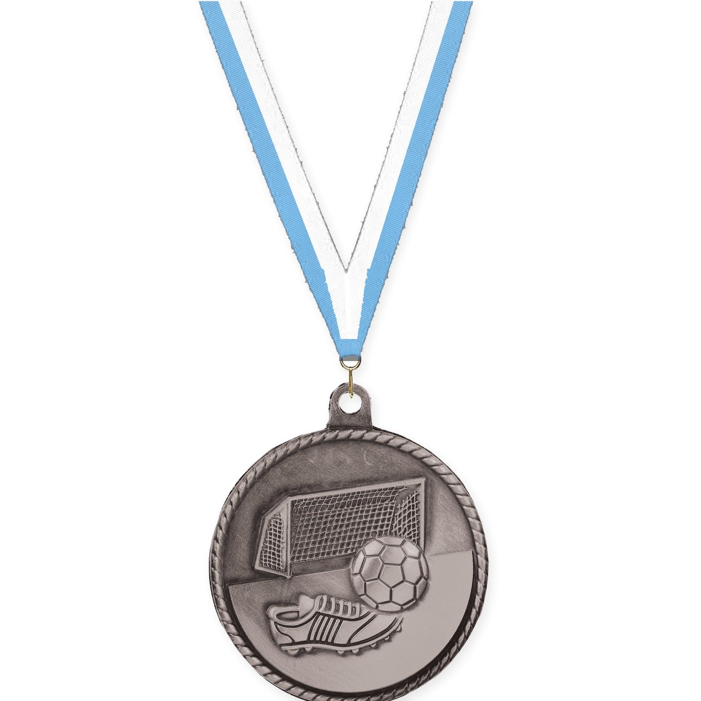 2 inch soccer High Relief medal in antique silver with Light Blue White neck ribbon
