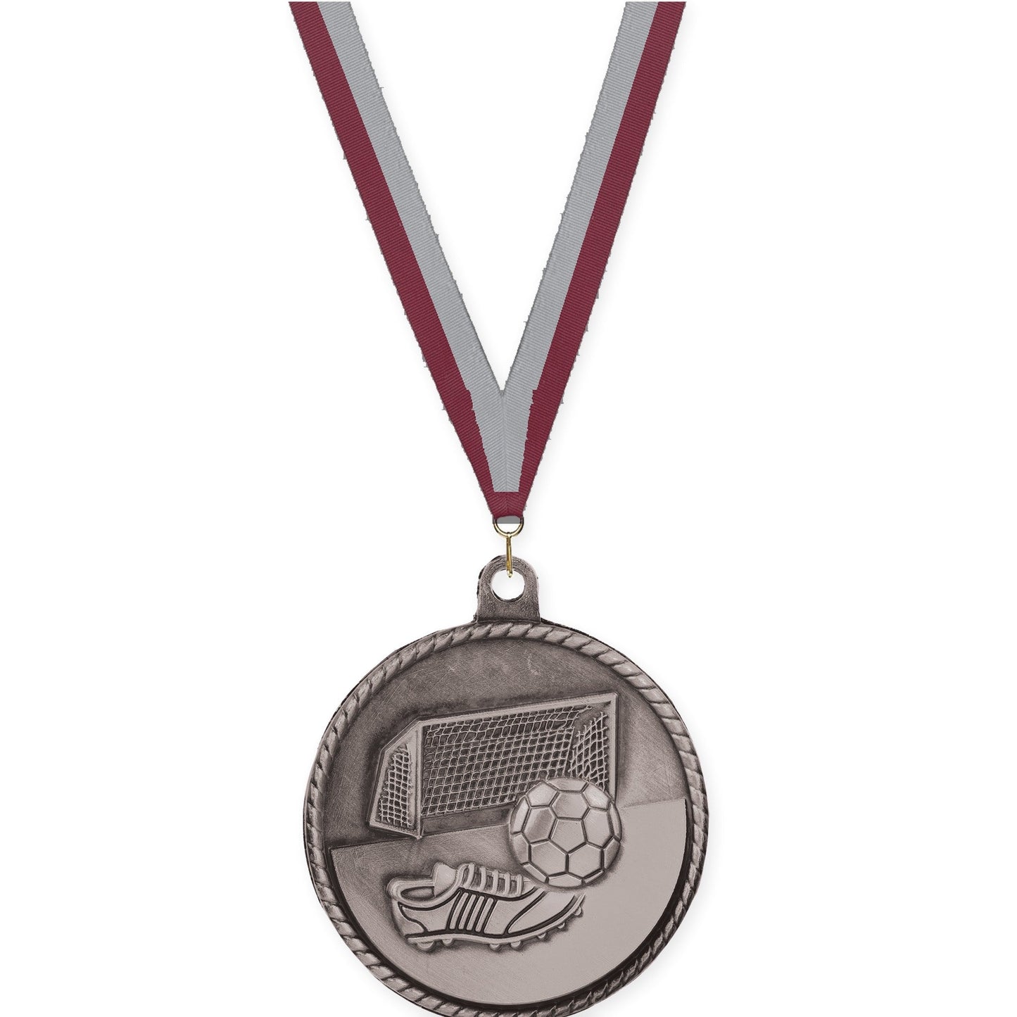 2 inch soccer High Relief medal in antique silver with Maroon Gray neck ribbon