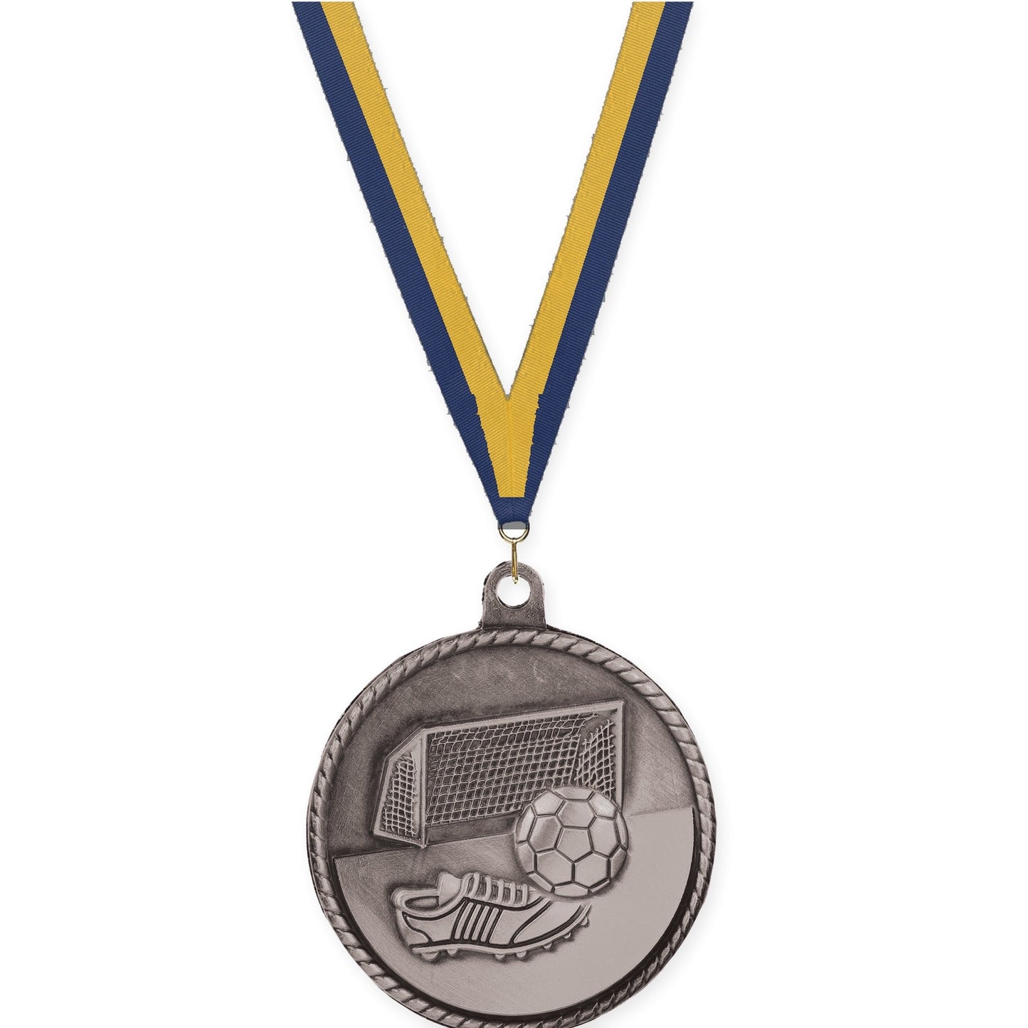2 inch soccer High Relief medal in antique silver with Navy Gold neck ribbon