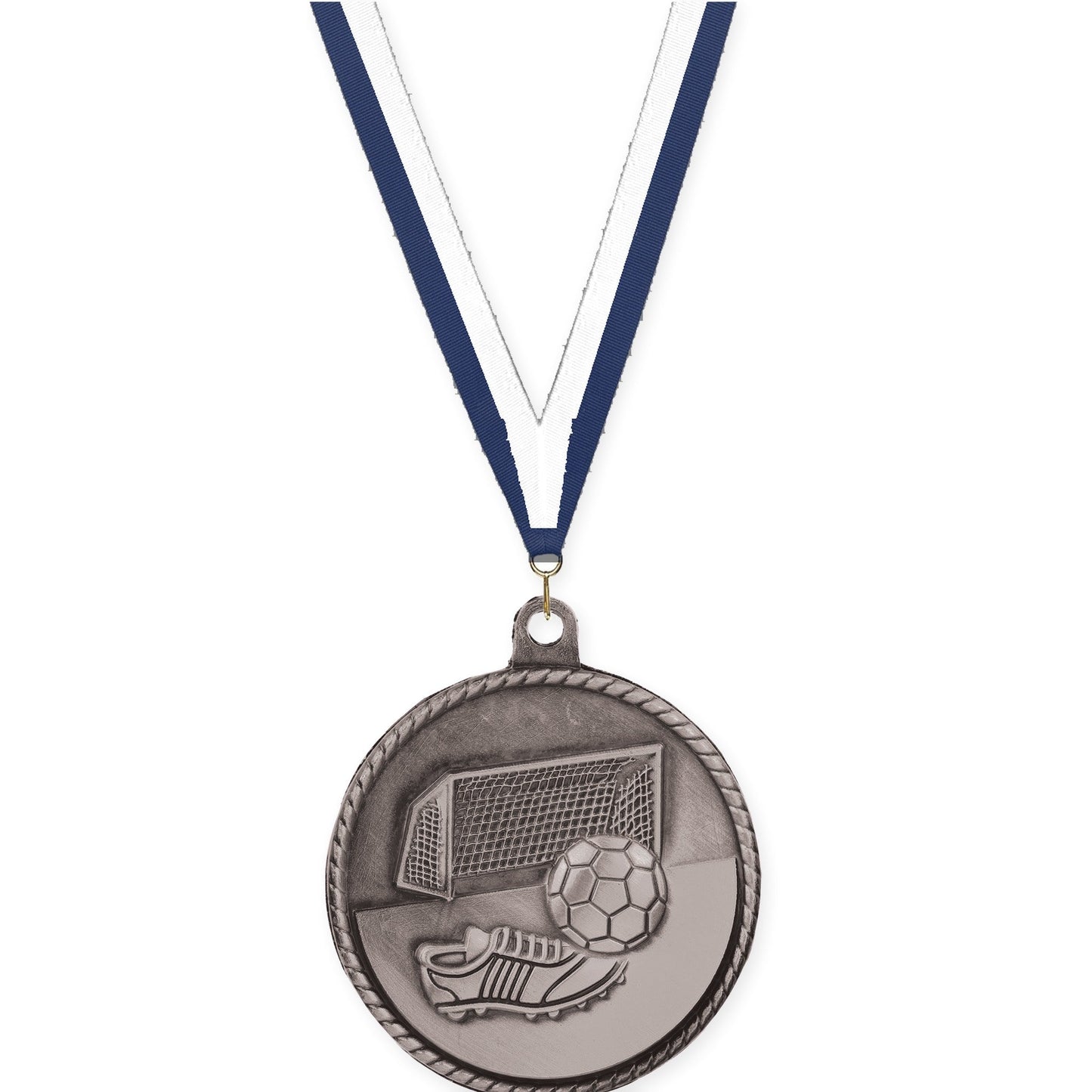 2 inch soccer High Relief medal in antique silver with Navy White neck ribbon