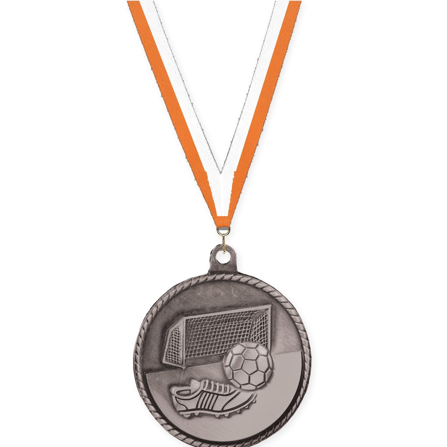 2 inch soccer High Relief medal in antique silver with Orange White neck ribbon