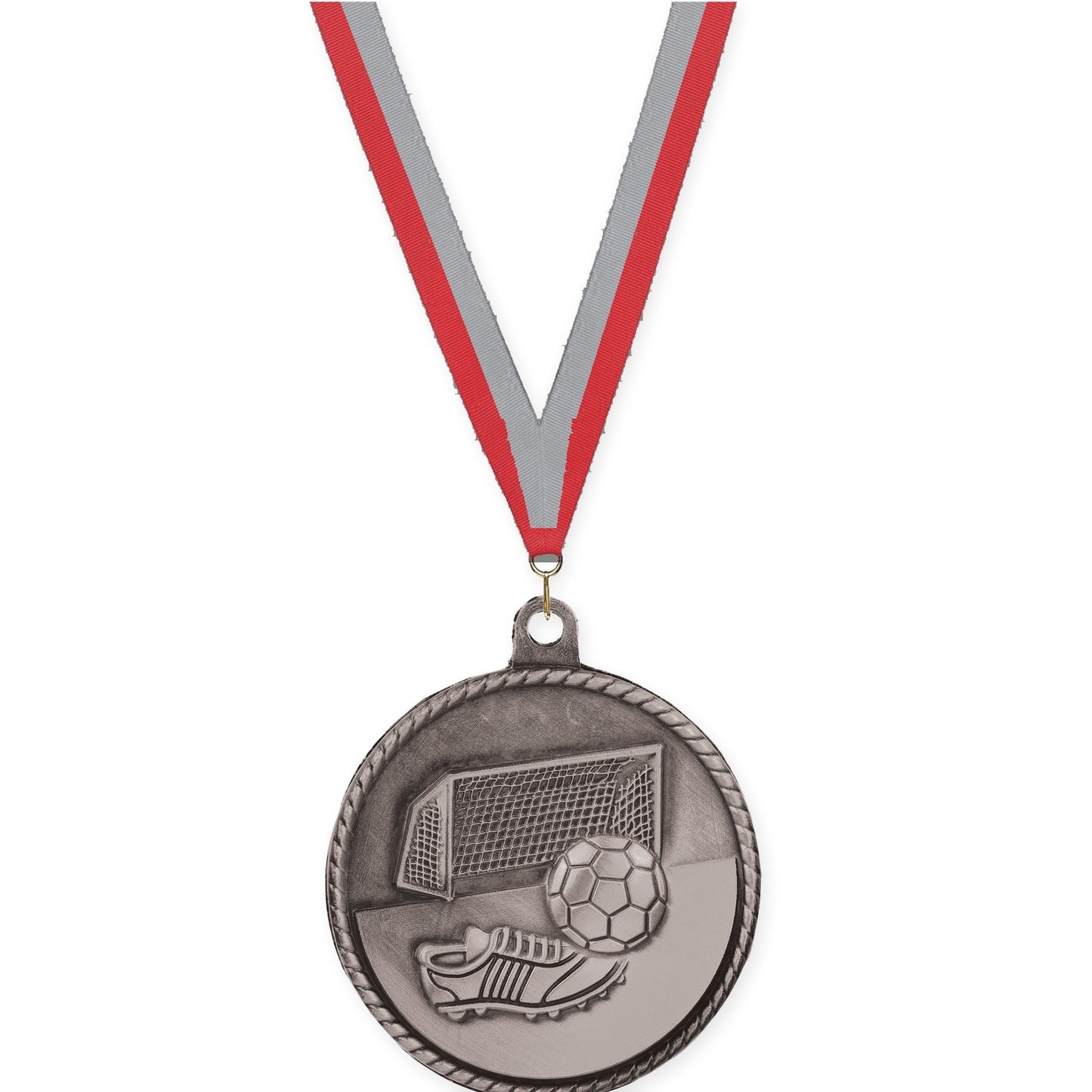 2 inch soccer High Relief medal in antique silver with Red Gray neck ribbon