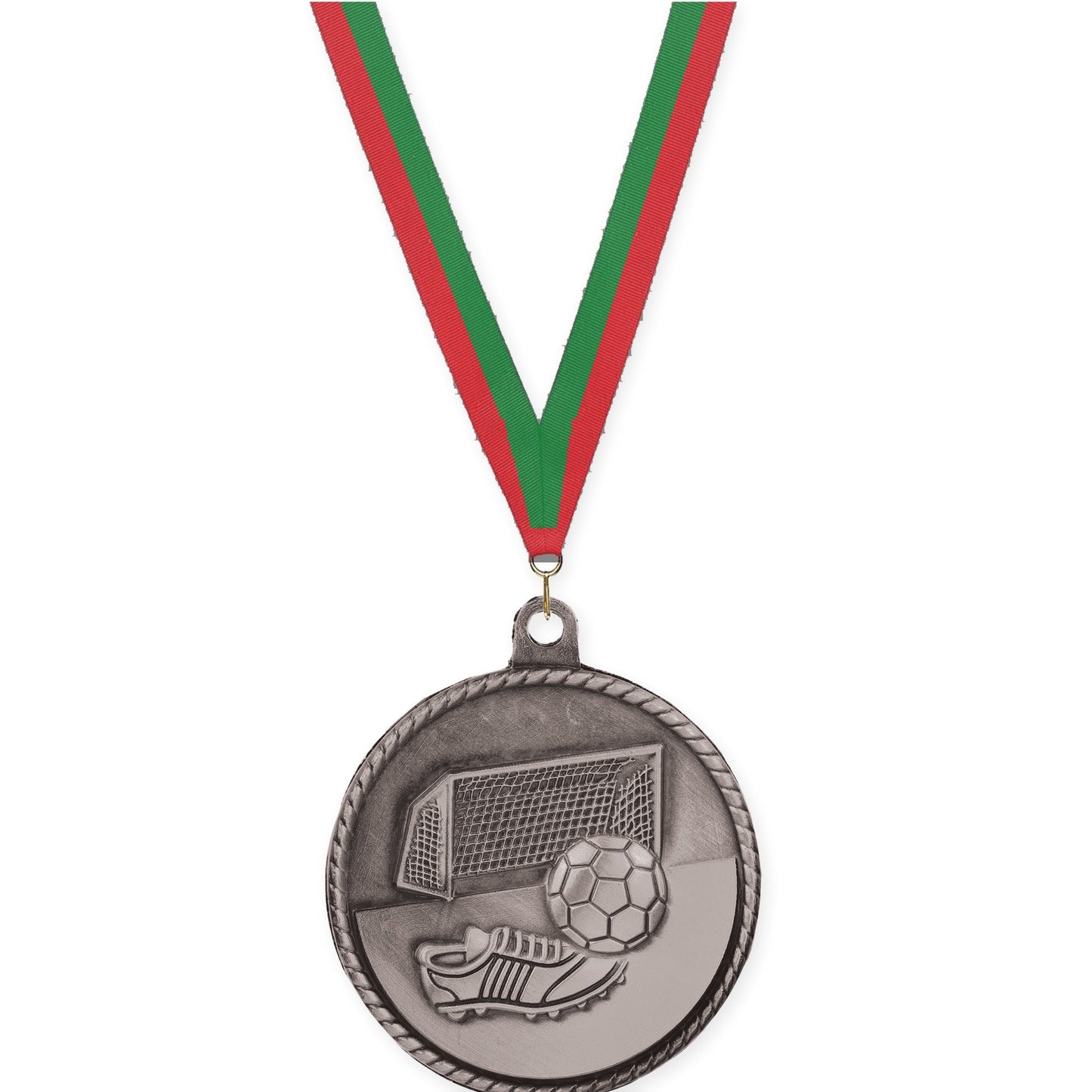 2 inch soccer High Relief medal in antique silver with Red Green neck ribbon