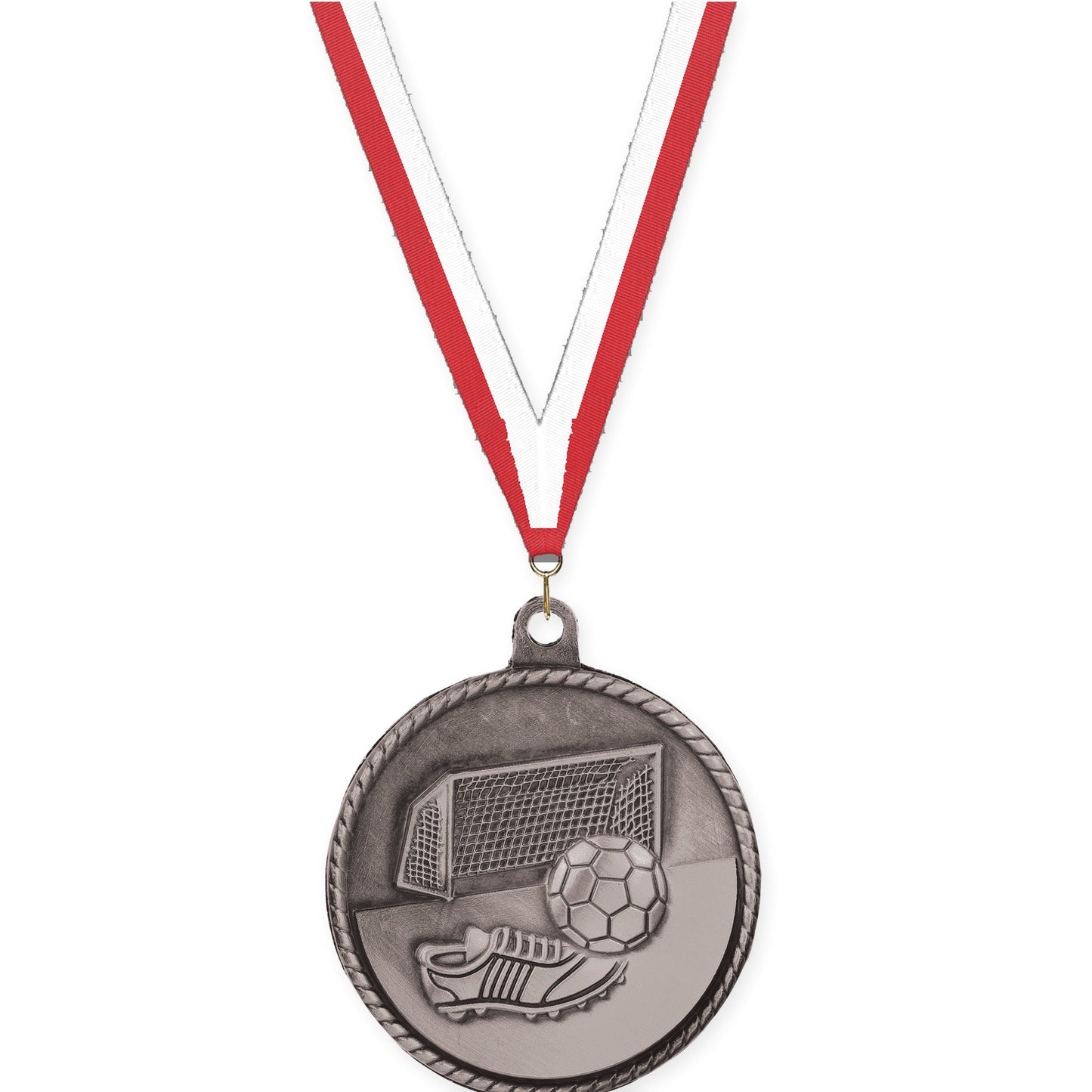 2 inch soccer High Relief medal in antique silver with Red White neck ribbon