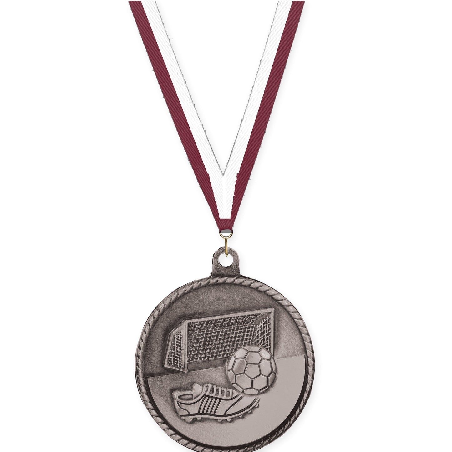 2 inch soccer High Relief medal in antique silver with Maroon White neck ribbon