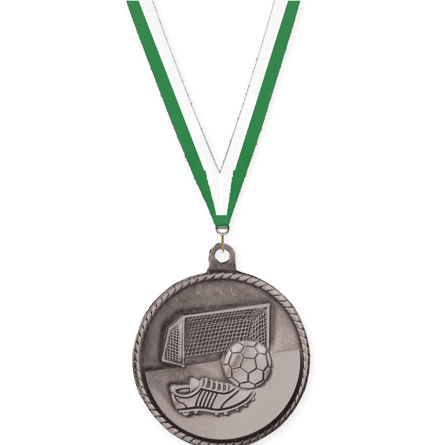 2 inch soccer High Relief medal in antique silver with Green White neck ribbon