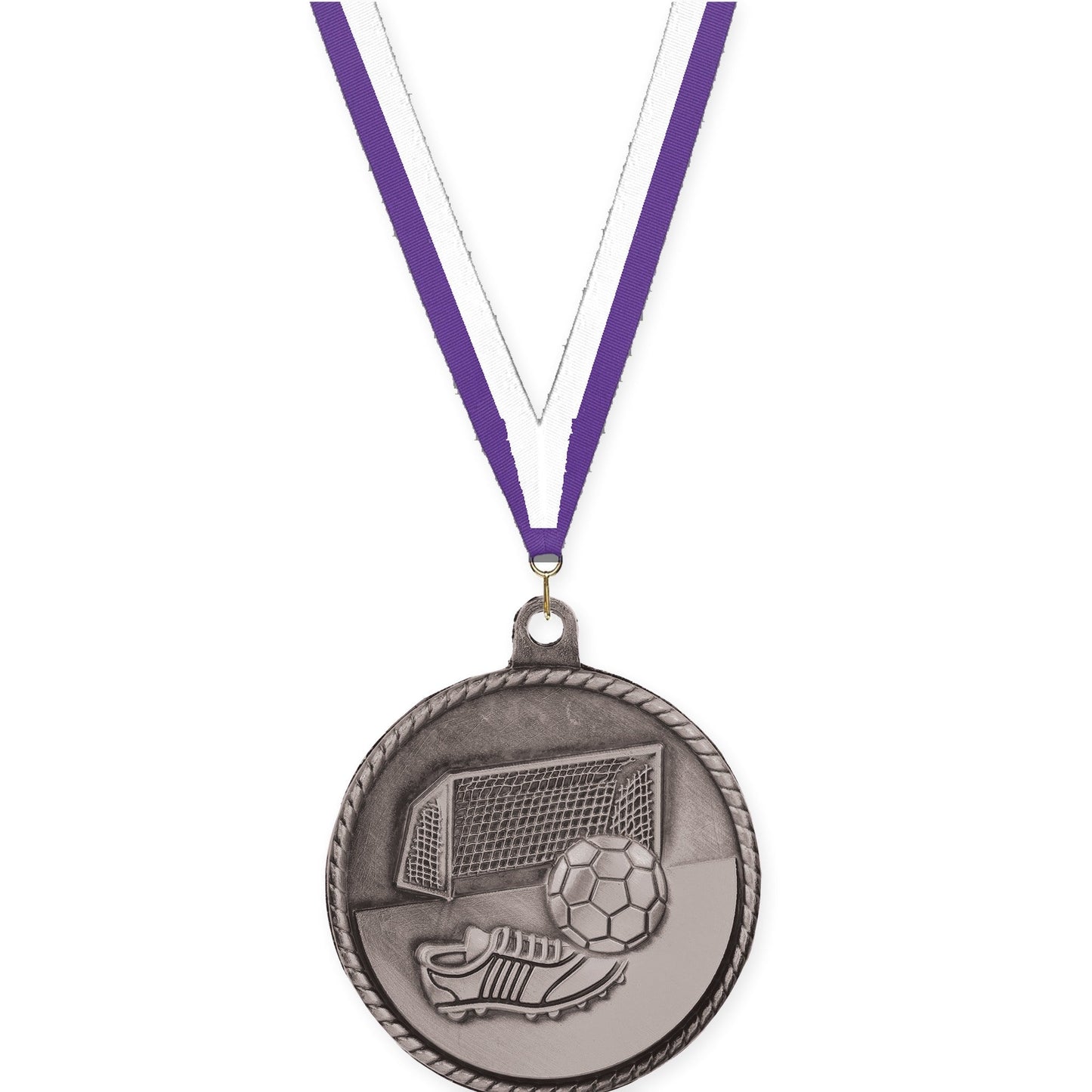 2 inch soccer High Relief medal in antique silver with Purple White neck ribbon