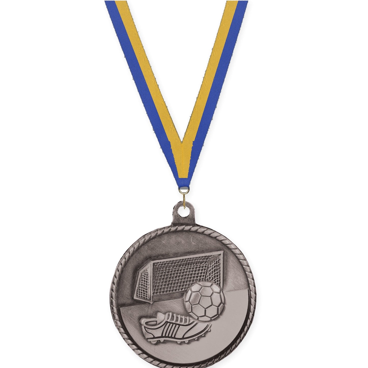 2 inch soccer High Relief medal in antique silver with Blue Gold neck ribbon