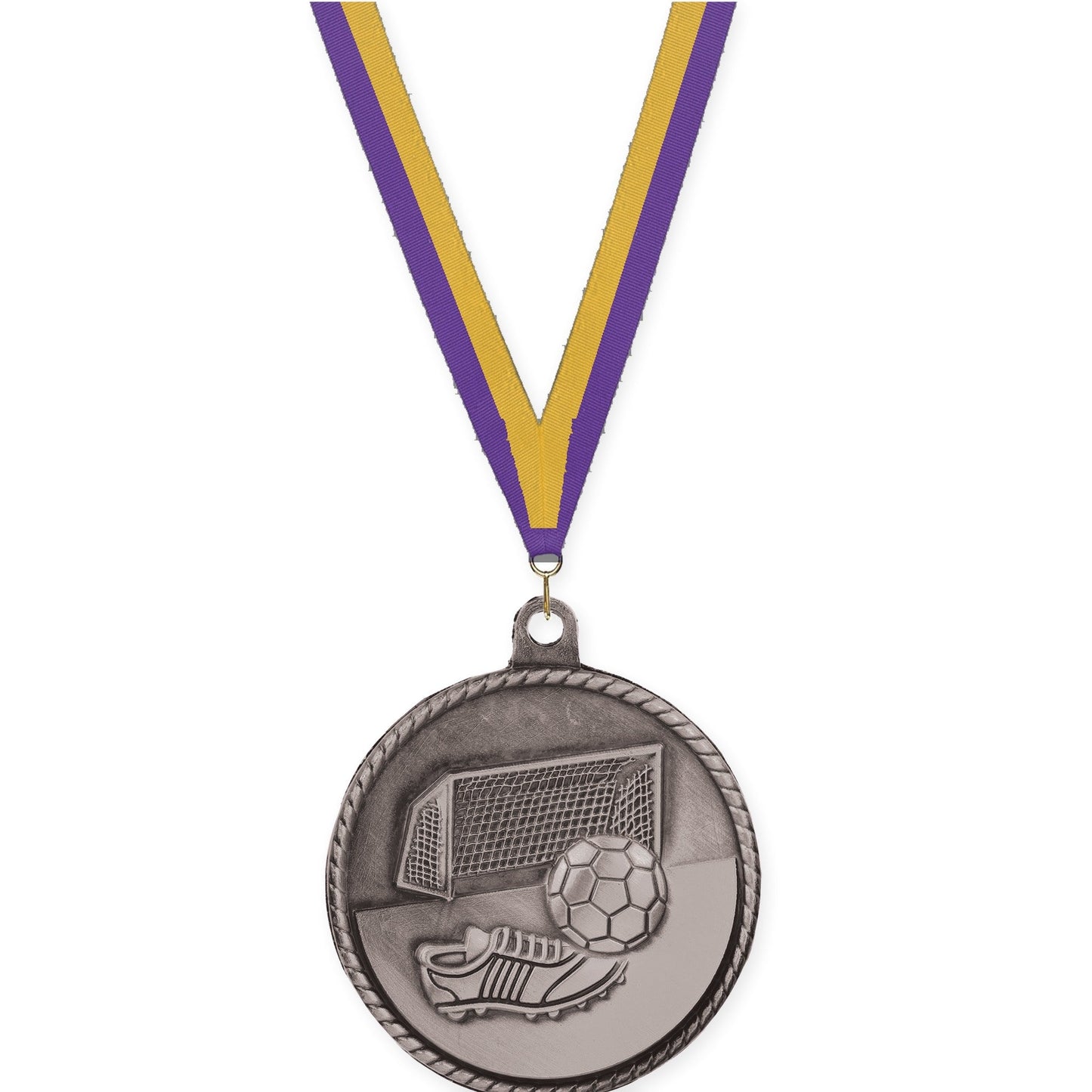 2 inch soccer High Relief medal in antique silver with Purple Gold neck ribbon
