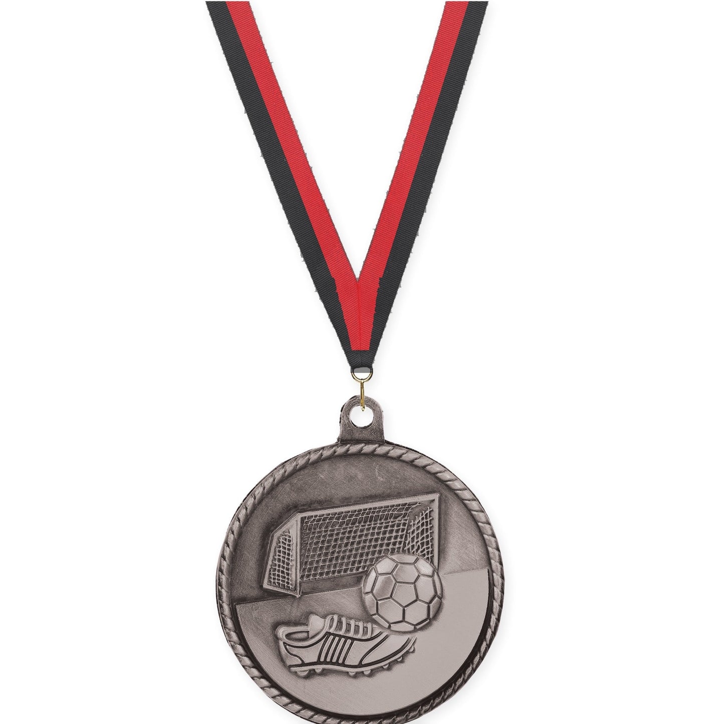 2 inch soccer High Relief medal in antique silver with Black Red neck ribbon