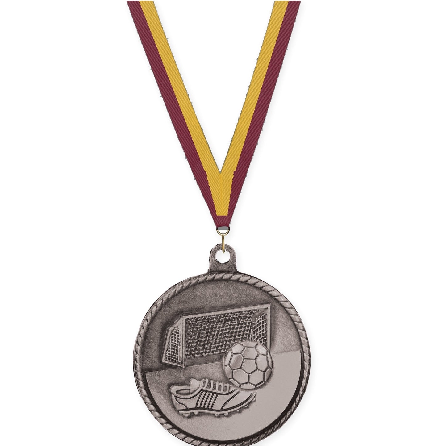 2 inch soccer High Relief medal in antique silver with Maroon Gold neck ribbon