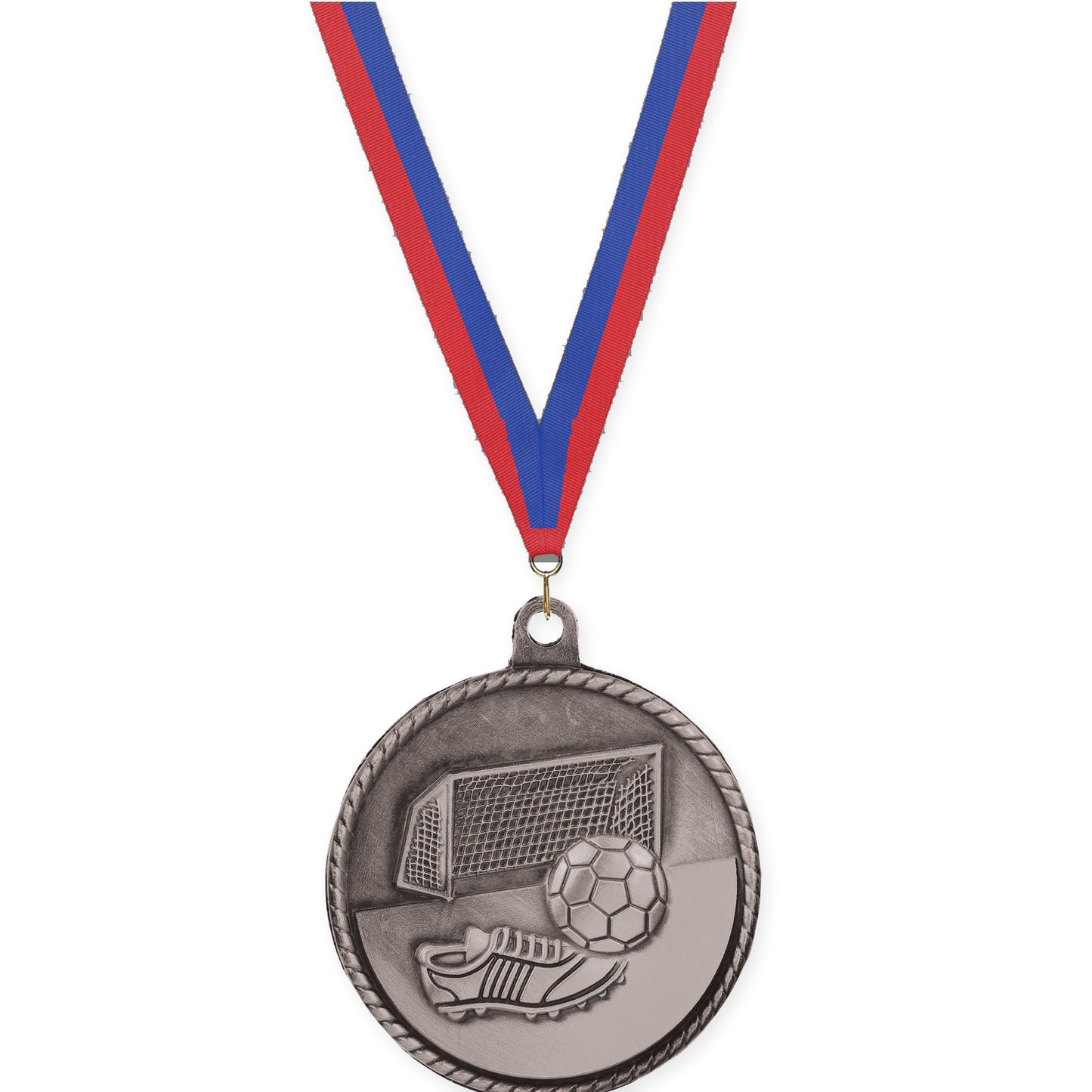 2 inch soccer High Relief medal in antique silver with Blue Red neck ribbon