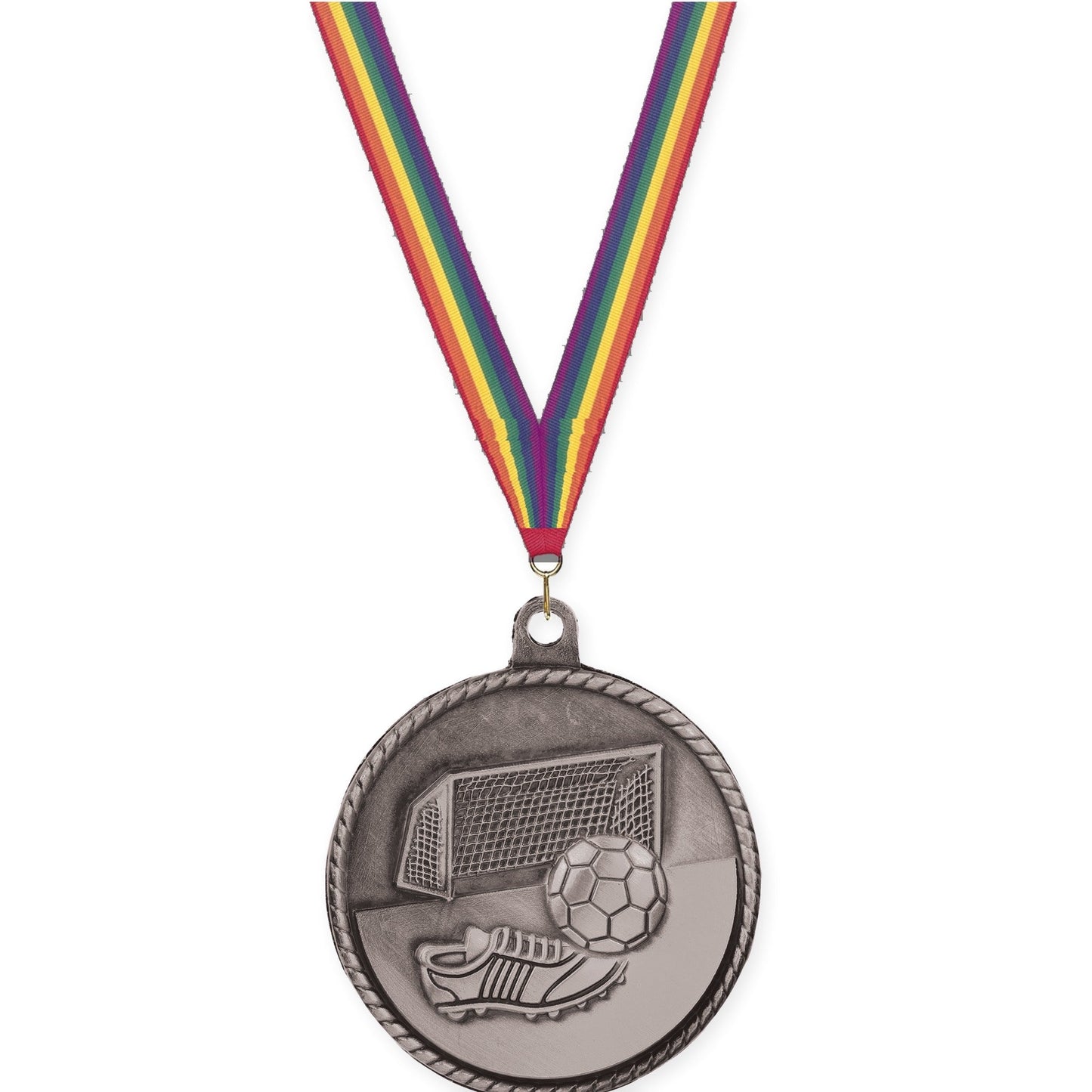 2 inch soccer High Relief medal in antique silver with Rainbow neck ribbon