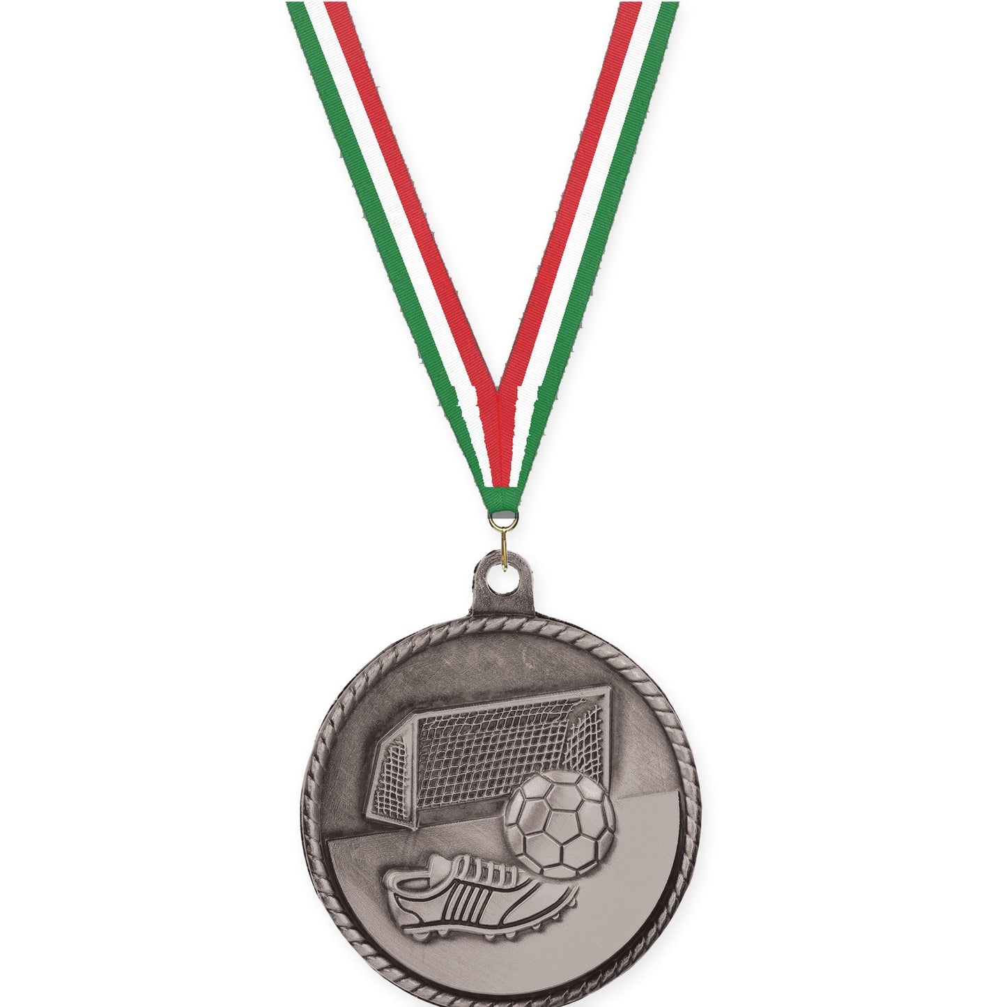 2 inch soccer High Relief medal in antique silver with Green White Red neck ribbon